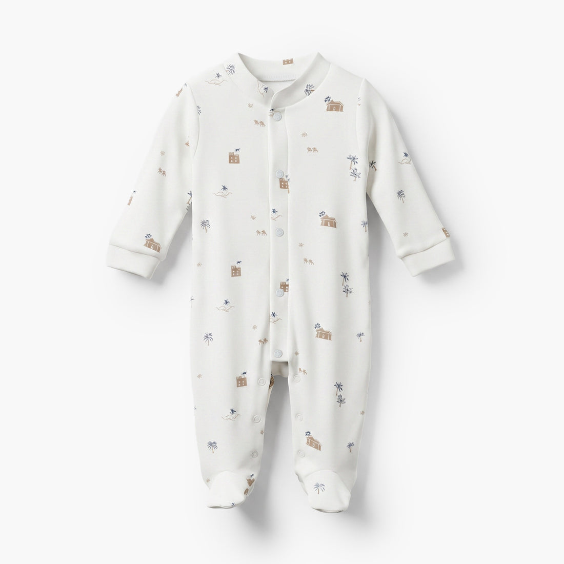 Giggles Mandarin Collar Long Sleeves Sleepsuit with Fun Print - Beige / 9-12 mths