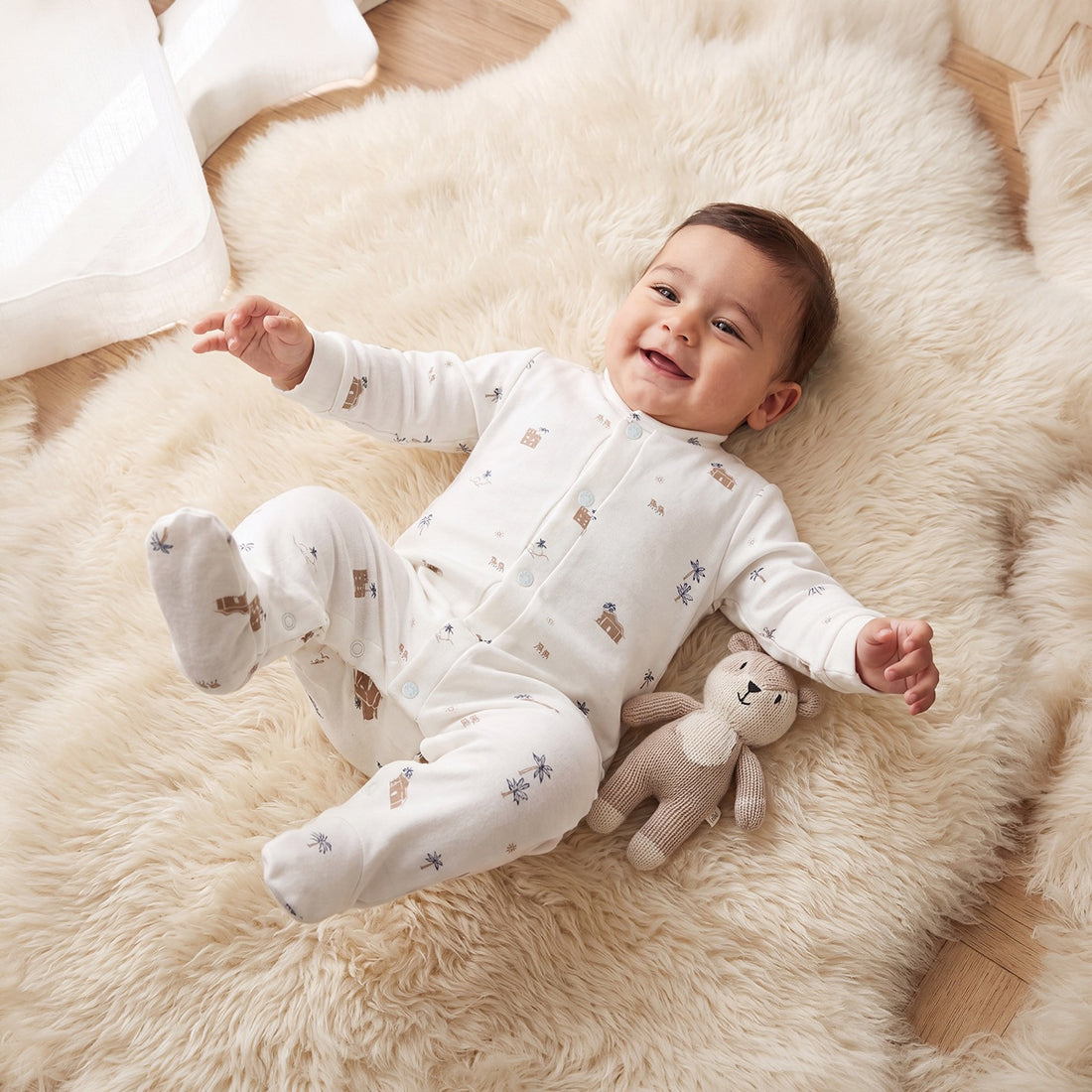Giggles Mandarin Collar Long Sleeves Sleepsuit with Fun Print - White / 9-12 mths