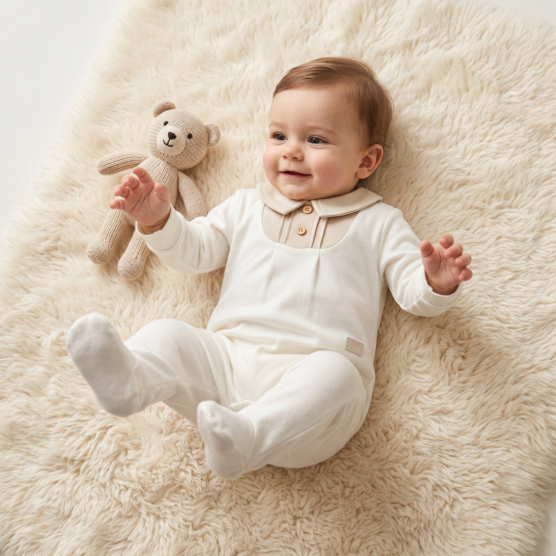Giggles Collared Long Sleeves Sleepsuit with Pintuck Detail - White / 9-12 mths