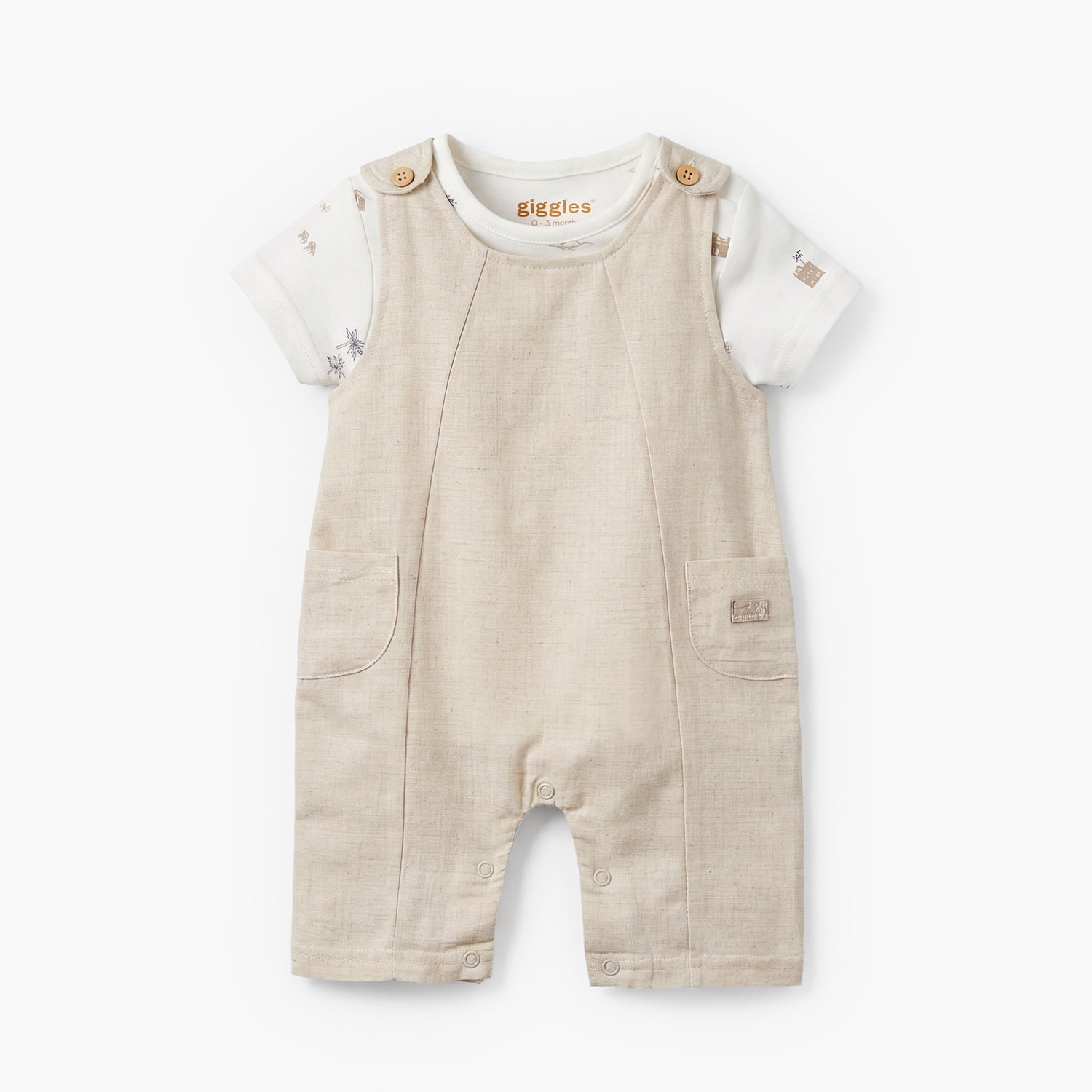 Giggles Crew Neck Short Sleeves T-shirt and Dungaree Set with Print - Beige / 12-18 mths