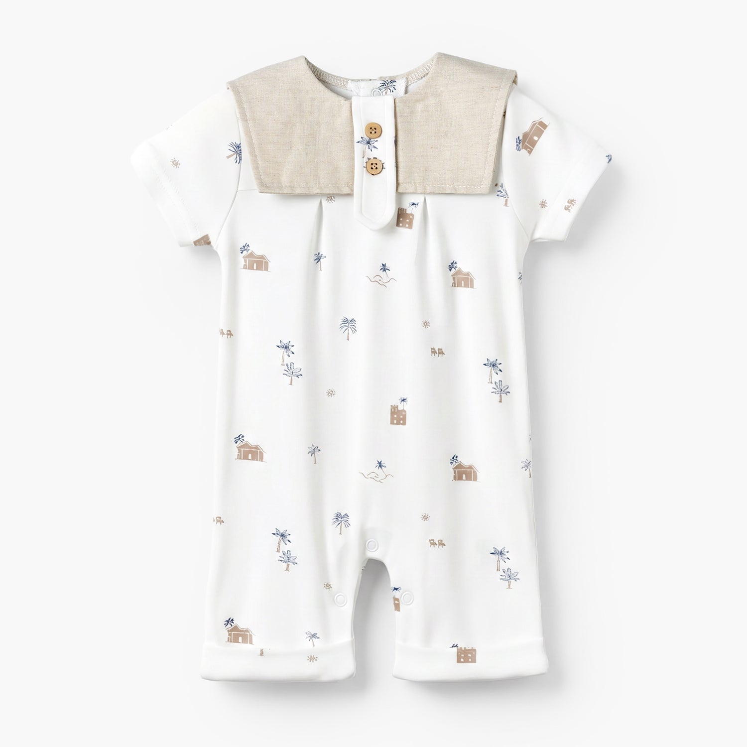 Giggles Sailor Collar Short Sleeves Romper with Fun Print - Beige / 12-18 mths