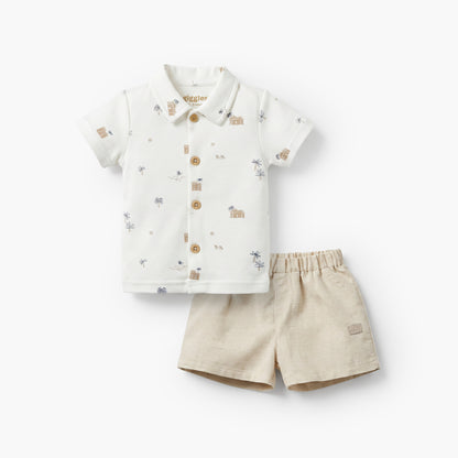 Giggles Collared Short Sleeves Shirt and Shorts Set with Fun Print - Beige / 12-18 mths