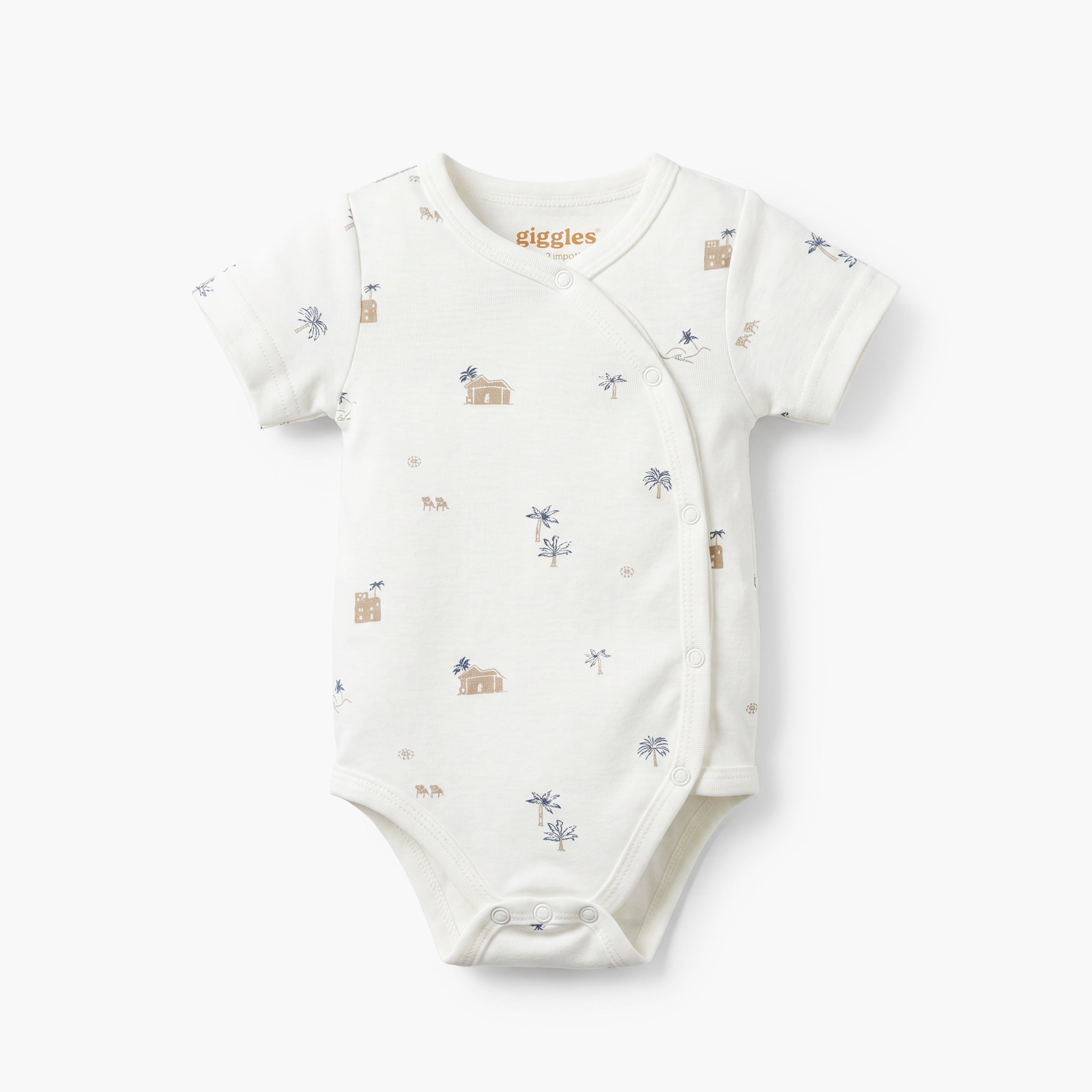 Giggles Round Neck Short Sleeves Bodysuit with Fun Print - Beige / 12-18 mths