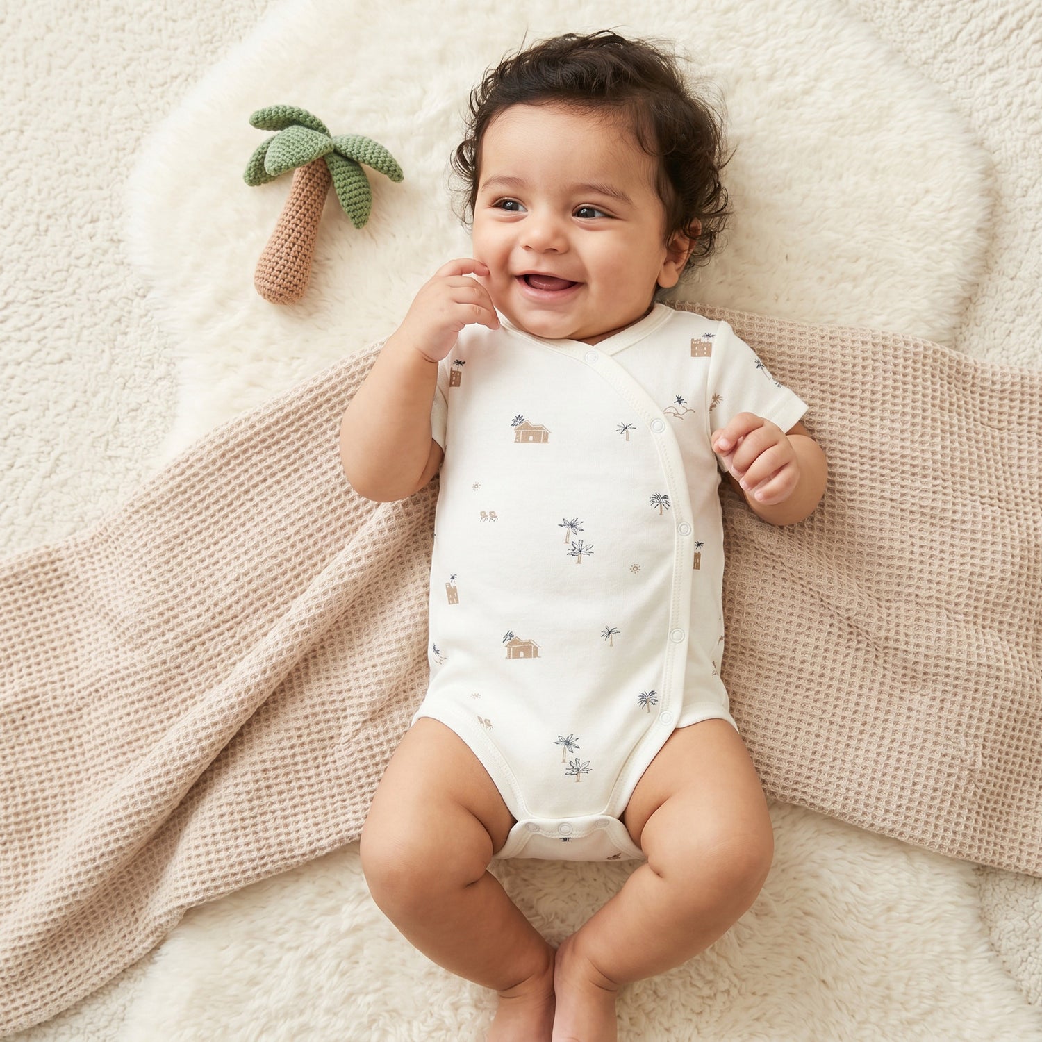 Giggles Round Neck Short Sleeves Bodysuit with Fun Print - Beige / 12-18 mths