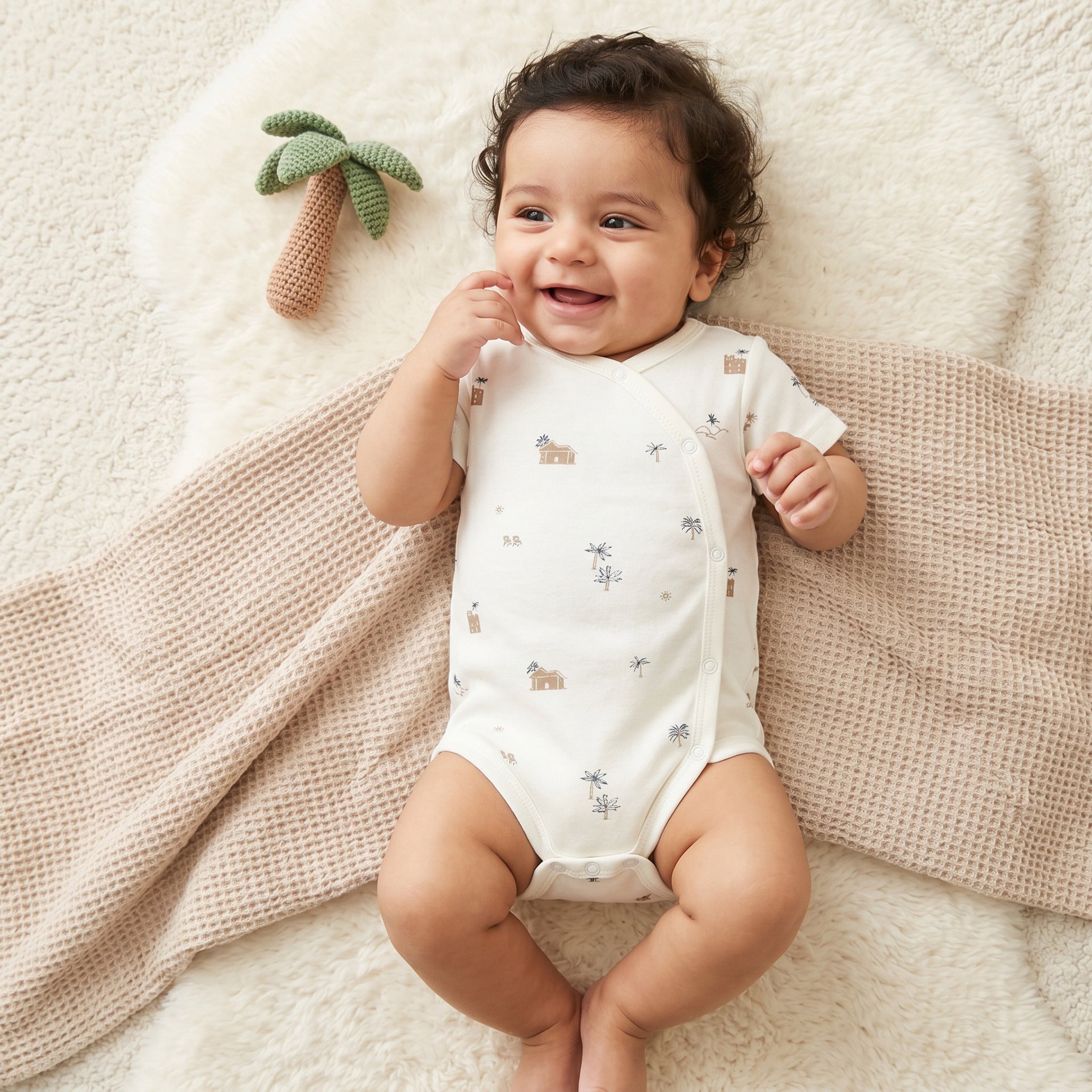 Giggles Round Neck Short Sleeves Bodysuit with Fun Print - Beige / 12-18 mths