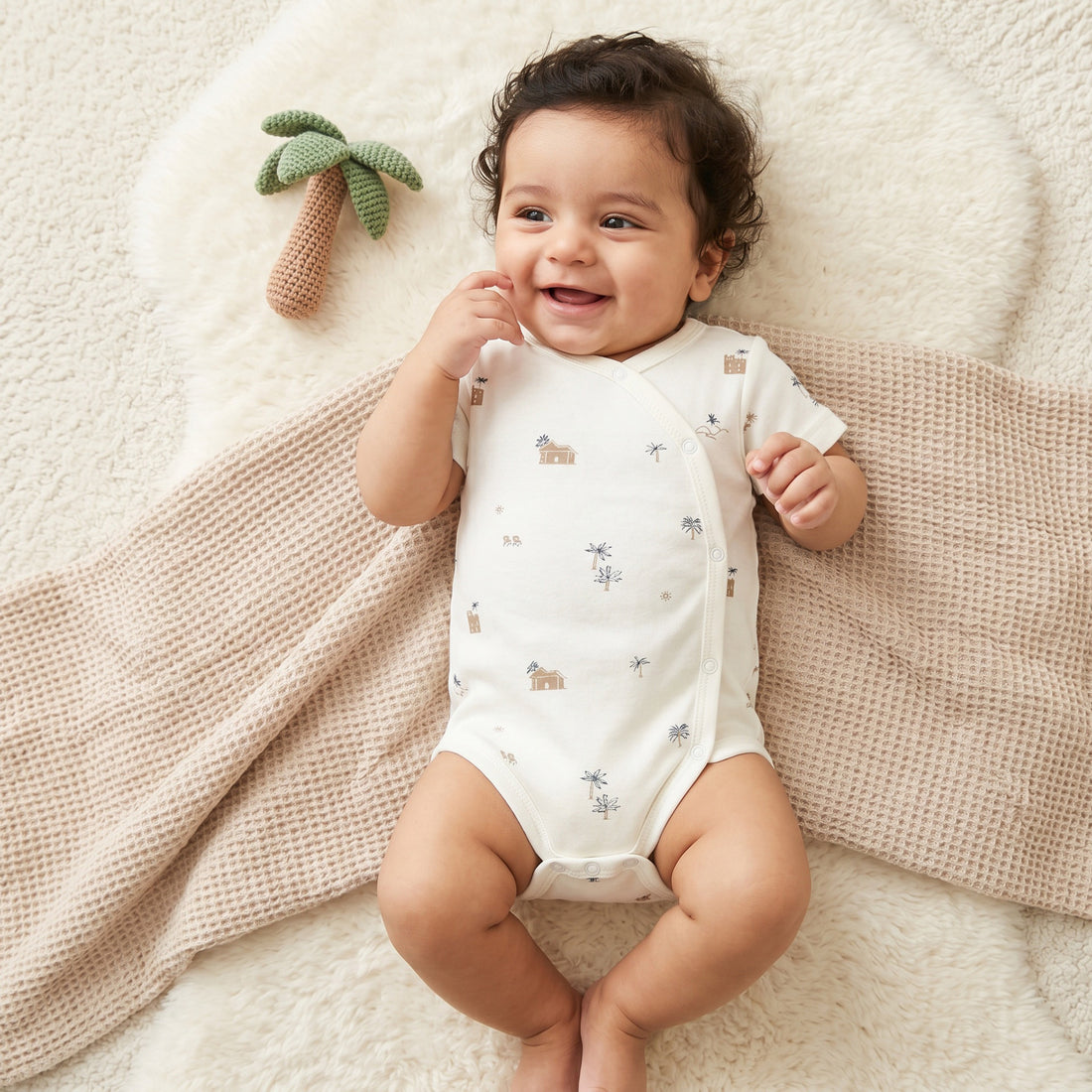 Giggles Round Neck Short Sleeves Bodysuit with Fun Print - Beige / 12-18 mths