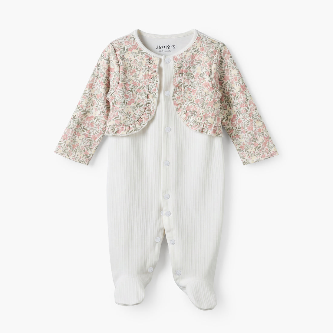 Juniors Cotton Round Neck Long Sleeves Sleepsuit with Floral Print - White / 9-12 mths