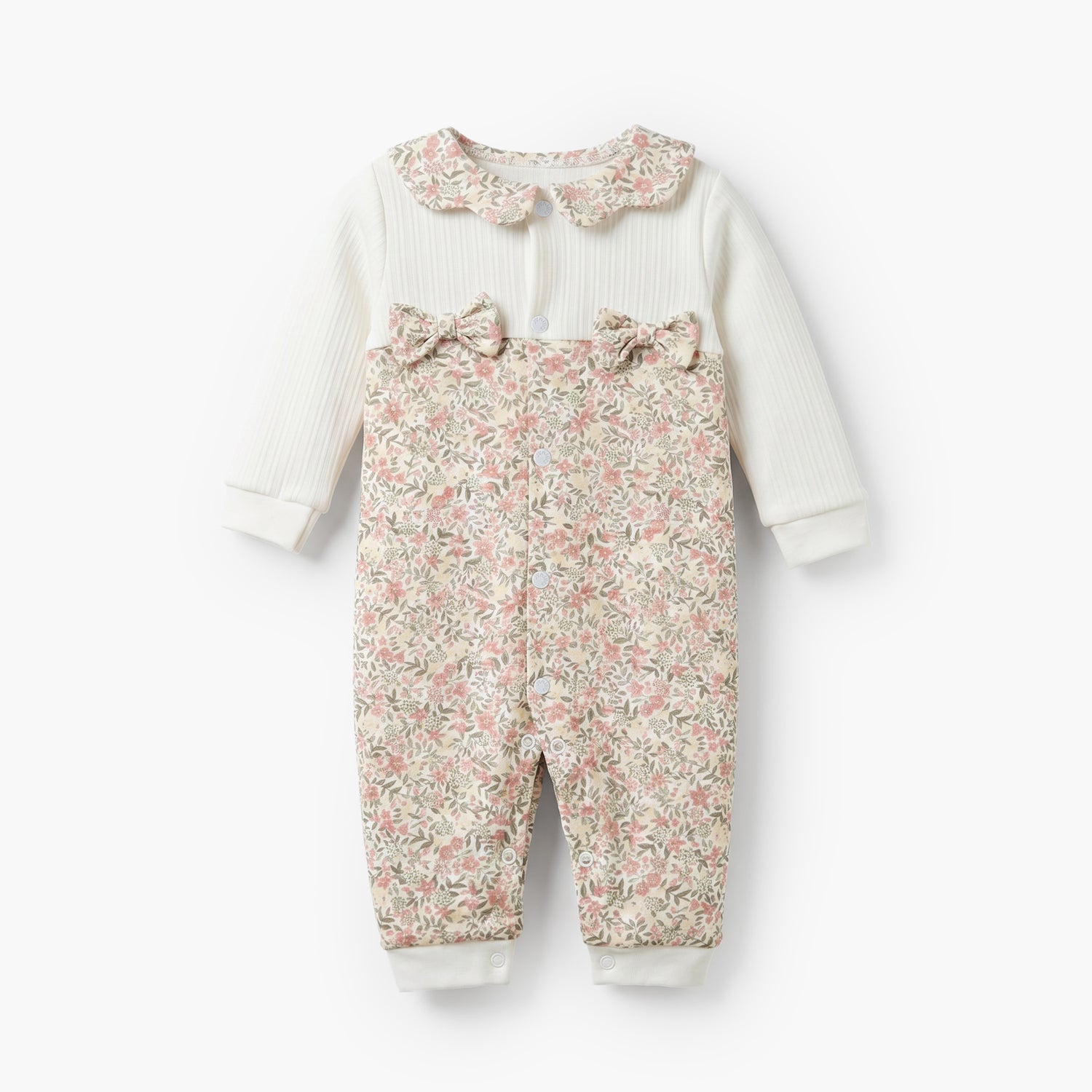 Juniors Cotton Collared Long Sleeves Sleepsuit with Floral Print - White / 12-18 mths