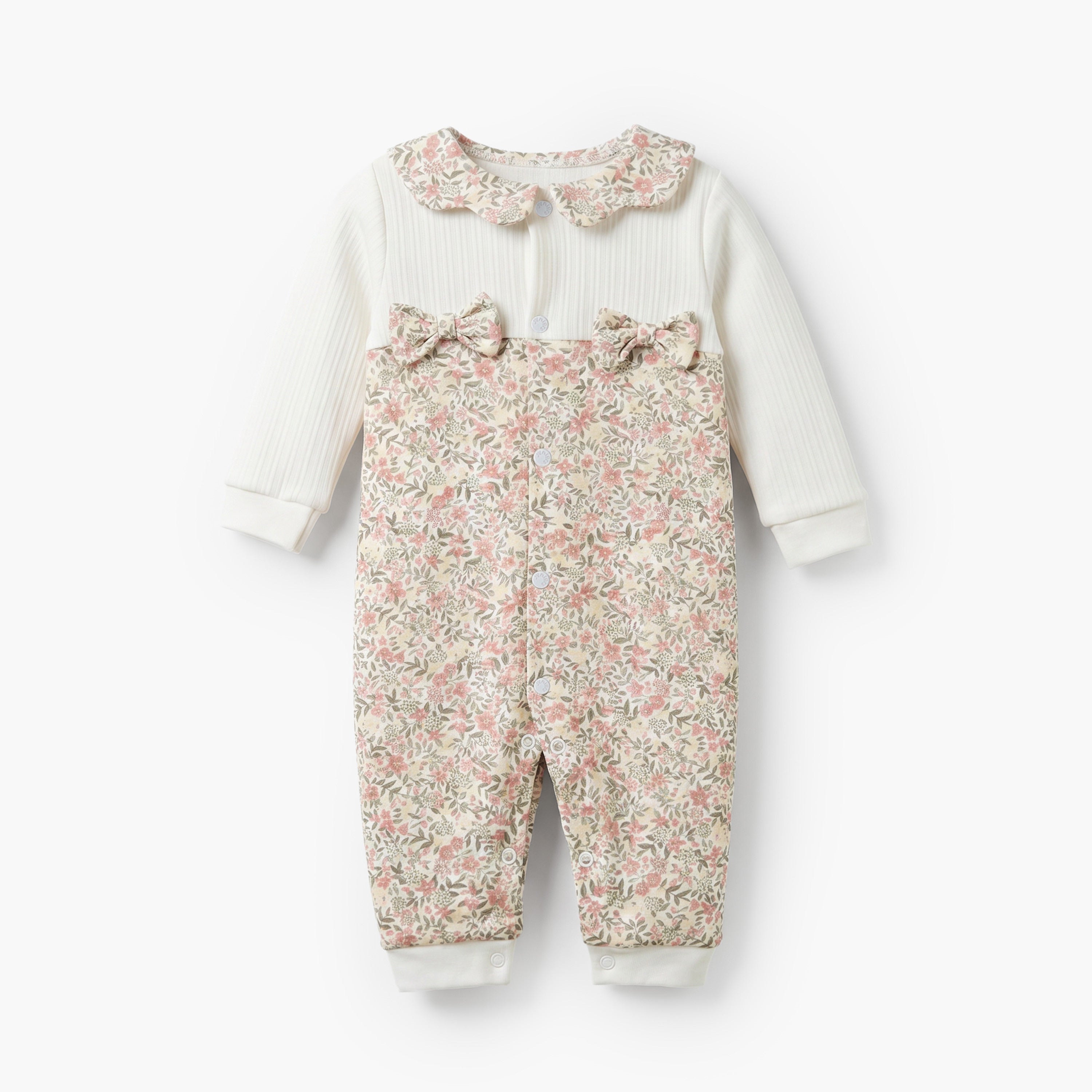Juniors Cotton Collared Long Sleeves Sleepsuit with Floral Print - White / 12-18 mths