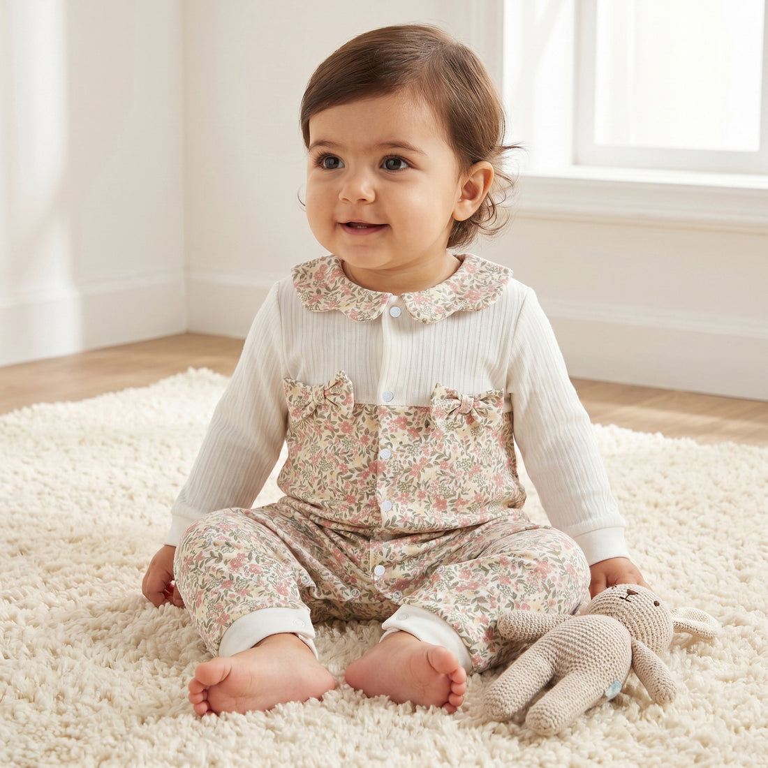 Juniors Cotton Collared Long Sleeves Sleepsuit with Floral Print - Beige / 12-18 mths