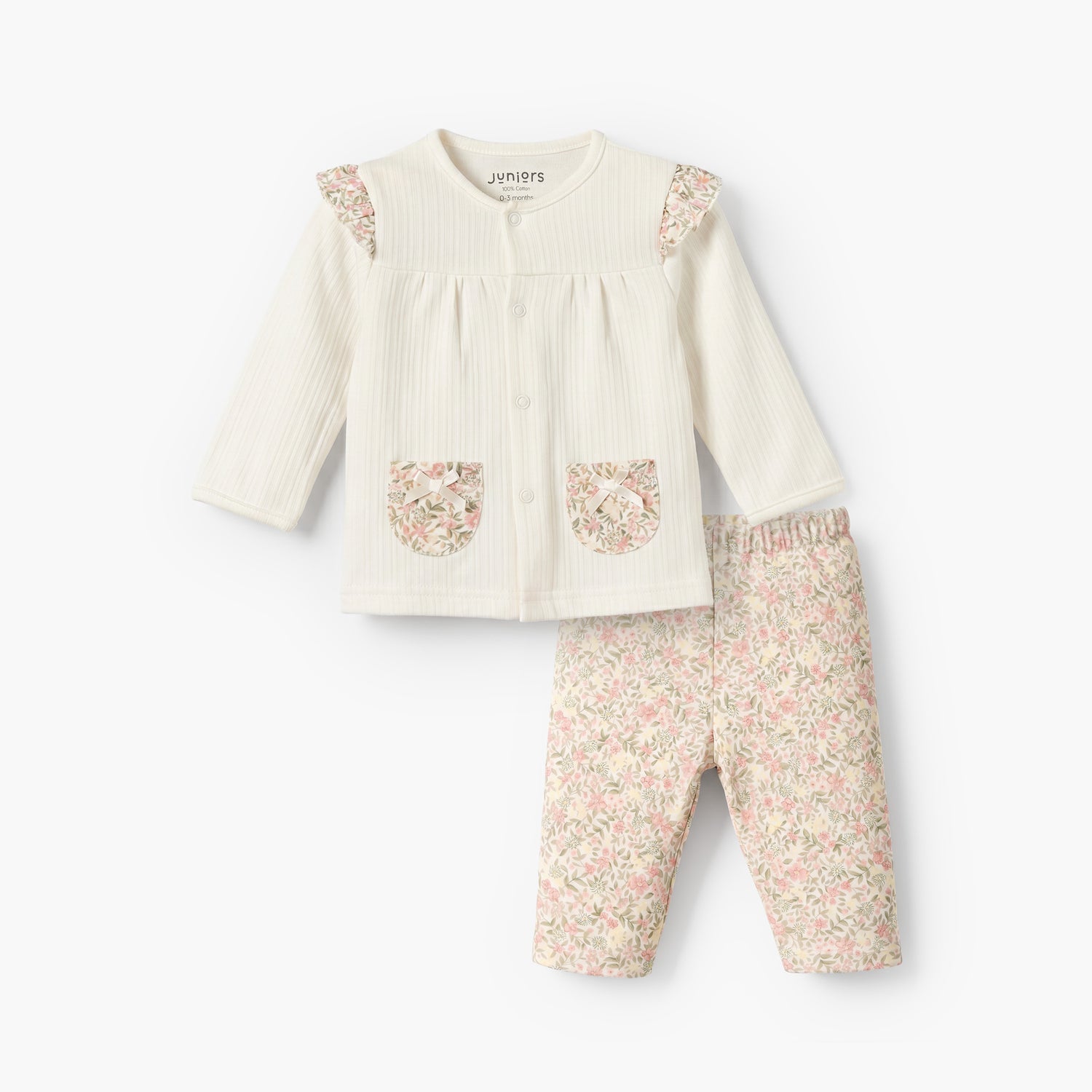 Juniors Cotton Round Neck Long Sleeves Pyjama Set with Floral Print - Beige / 12-18 mths