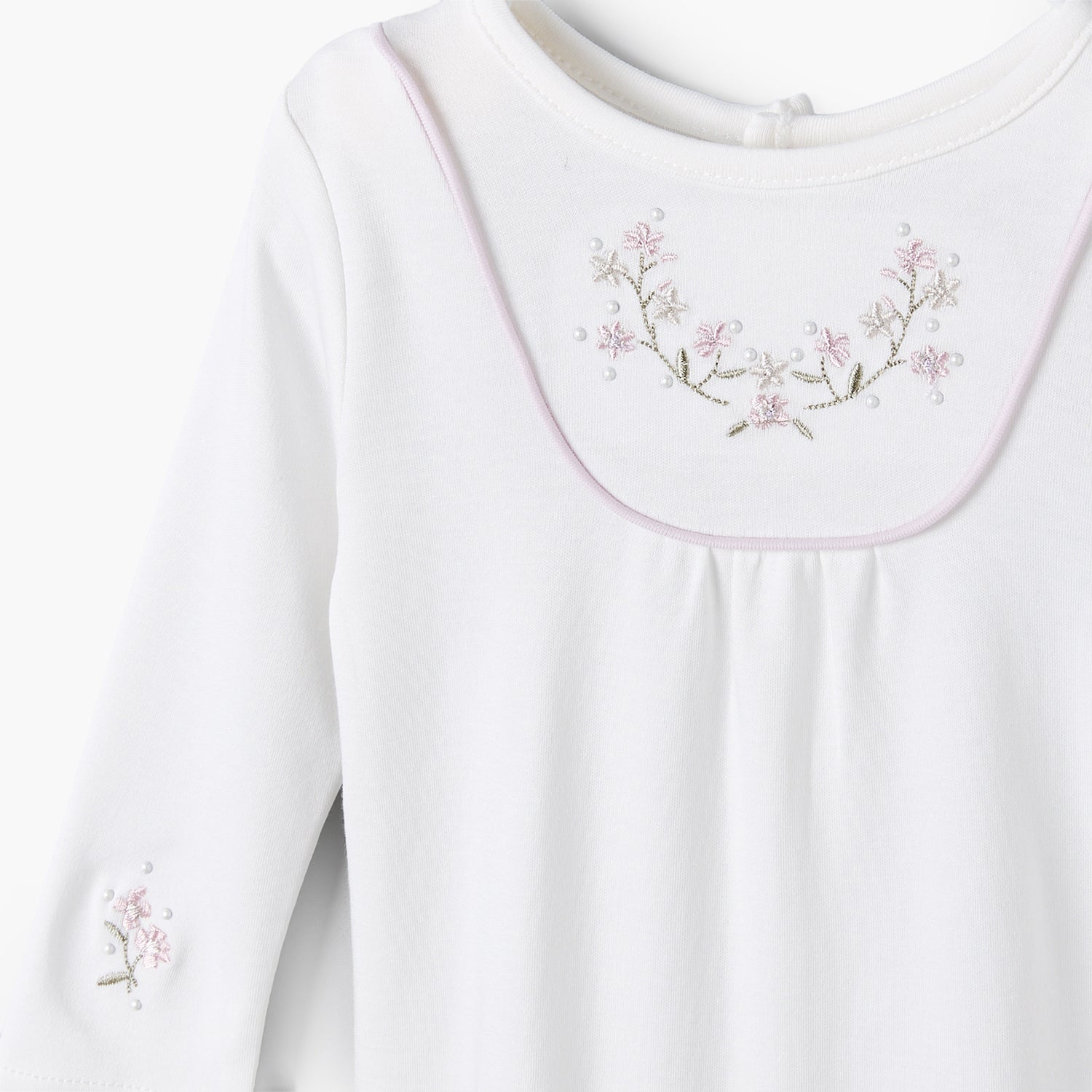 Giggles Round Neck Long Sleeves Sleepsuit with Floral Embroidery