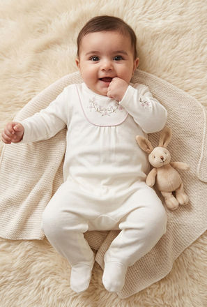 Giggles Round Neck Long Sleeves Sleepsuit with Floral Embroidery
