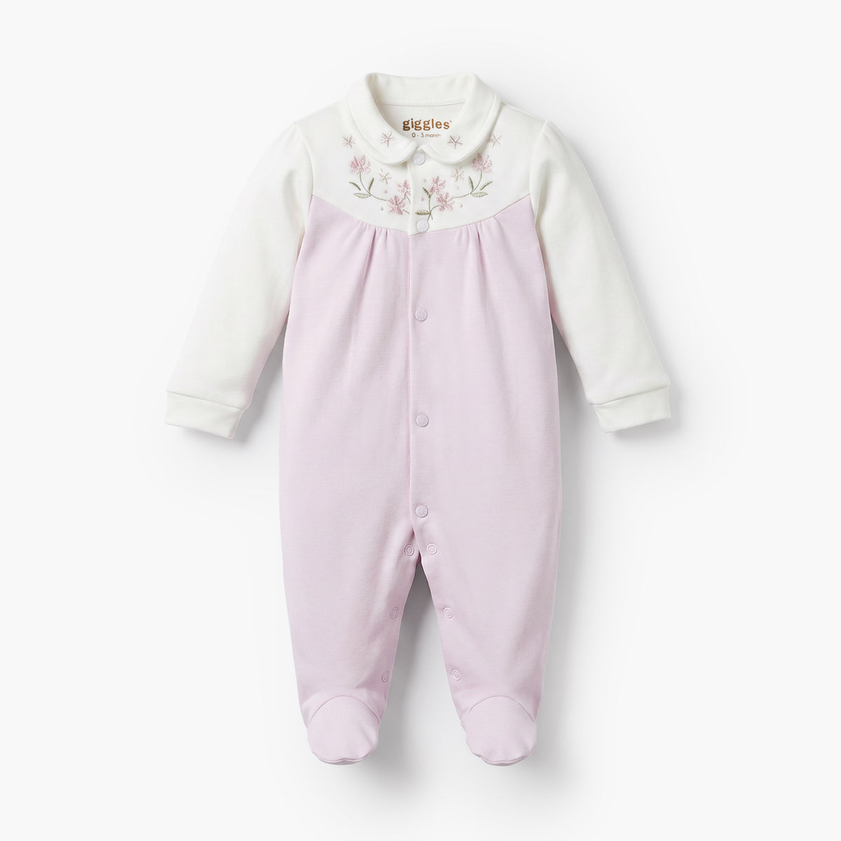 Giggles Collared Long Sleeves Sleepsuit with Floral Embroidery
