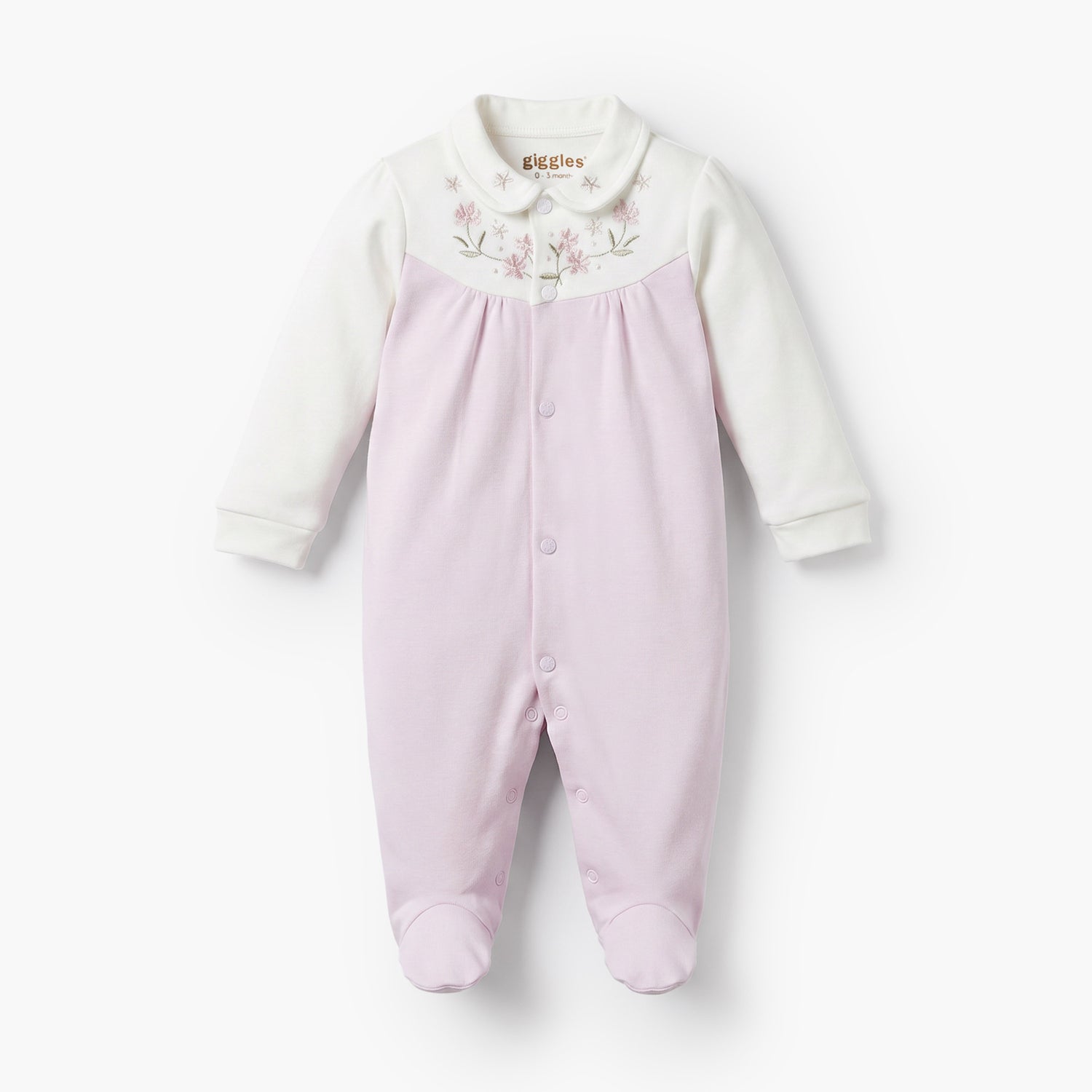 Giggles Collared Long Sleeves Sleepsuit with Floral Embroidery