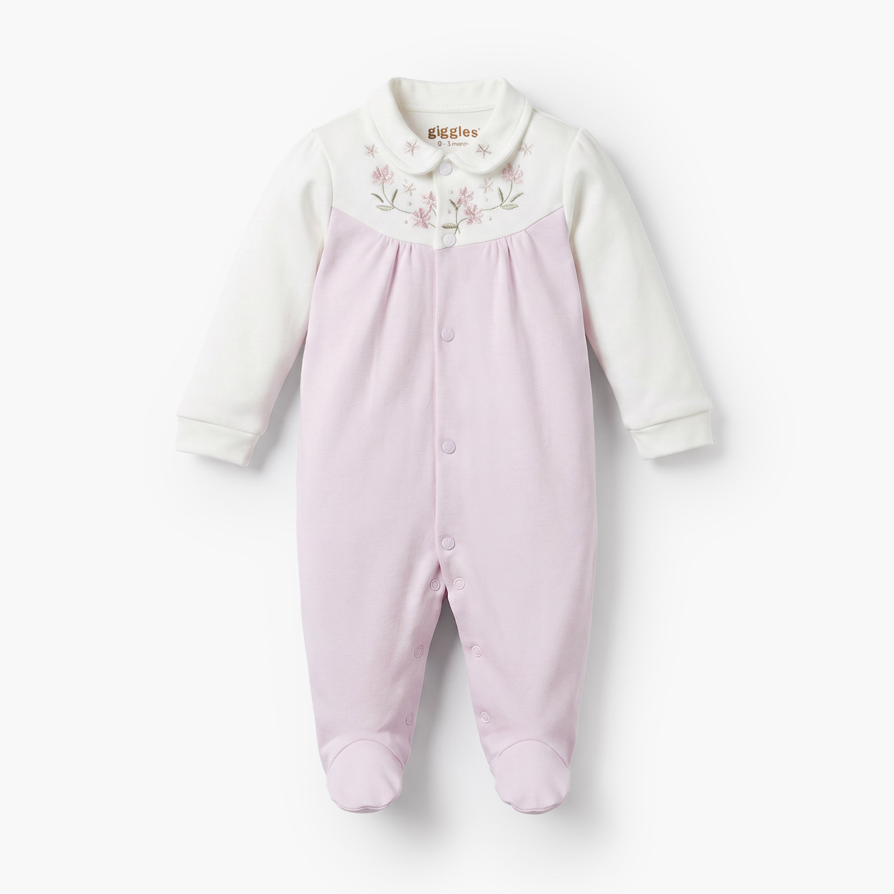 Giggles Collared Long Sleeves Sleepsuit with Floral Embroidery