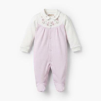 Giggles Collared Long Sleeves Sleepsuit with Floral Embroidery