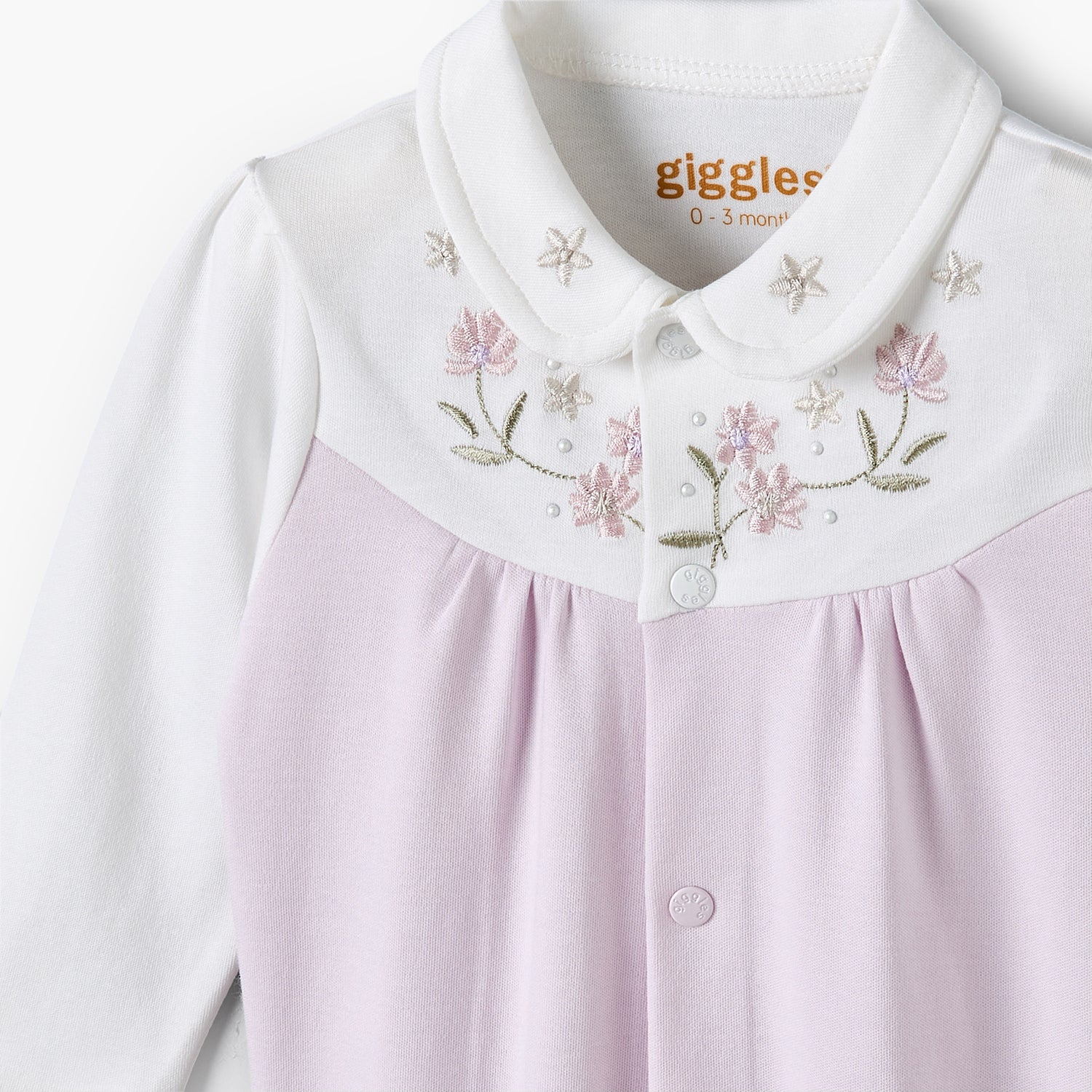 Giggles Collared Long Sleeves Sleepsuit with Floral Embroidery