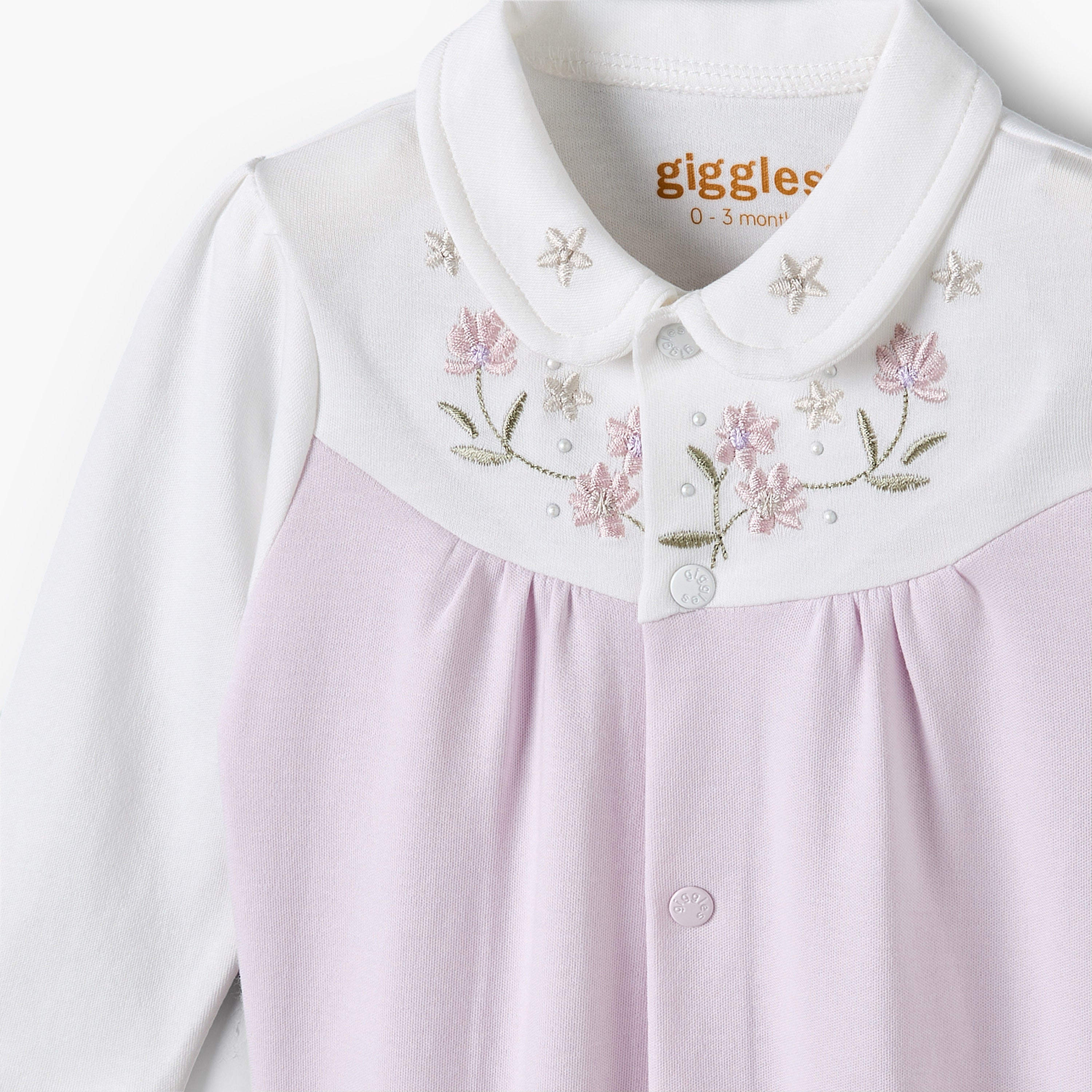 Giggles Collared Long Sleeves Sleepsuit with Floral Embroidery