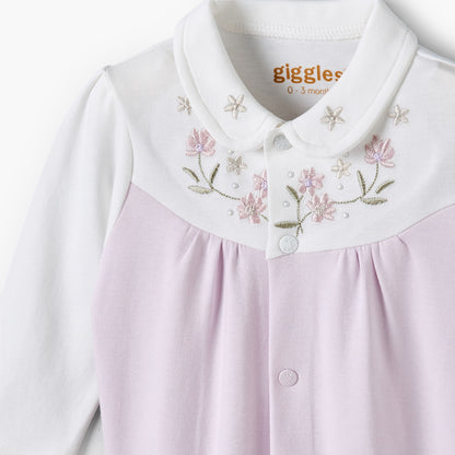 Giggles Collared Long Sleeves Sleepsuit with Floral Embroidery