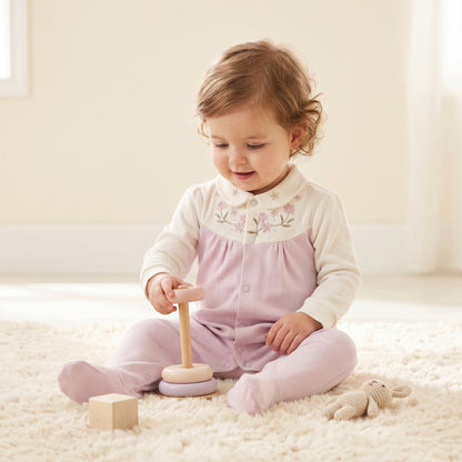 Giggles Collared Long Sleeves Sleepsuit with Floral Embroidery
