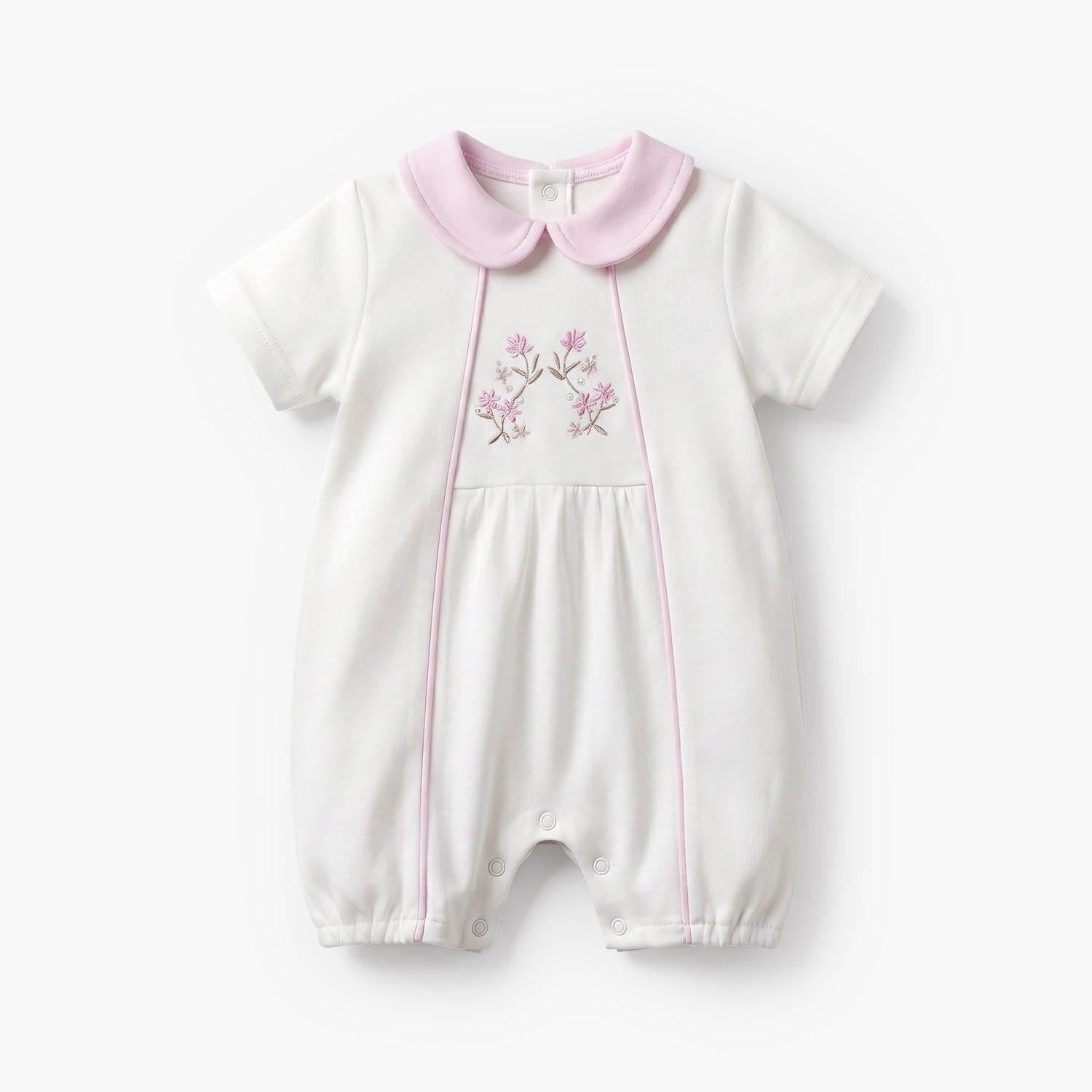Giggles Peter Pan Collar Short Sleeves Romper with Floral Embroidery - Purple / 12-18 mths