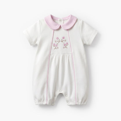 Giggles Peter Pan Collar Short Sleeves Romper with Floral Embroidery - Purple / 12-18 mths