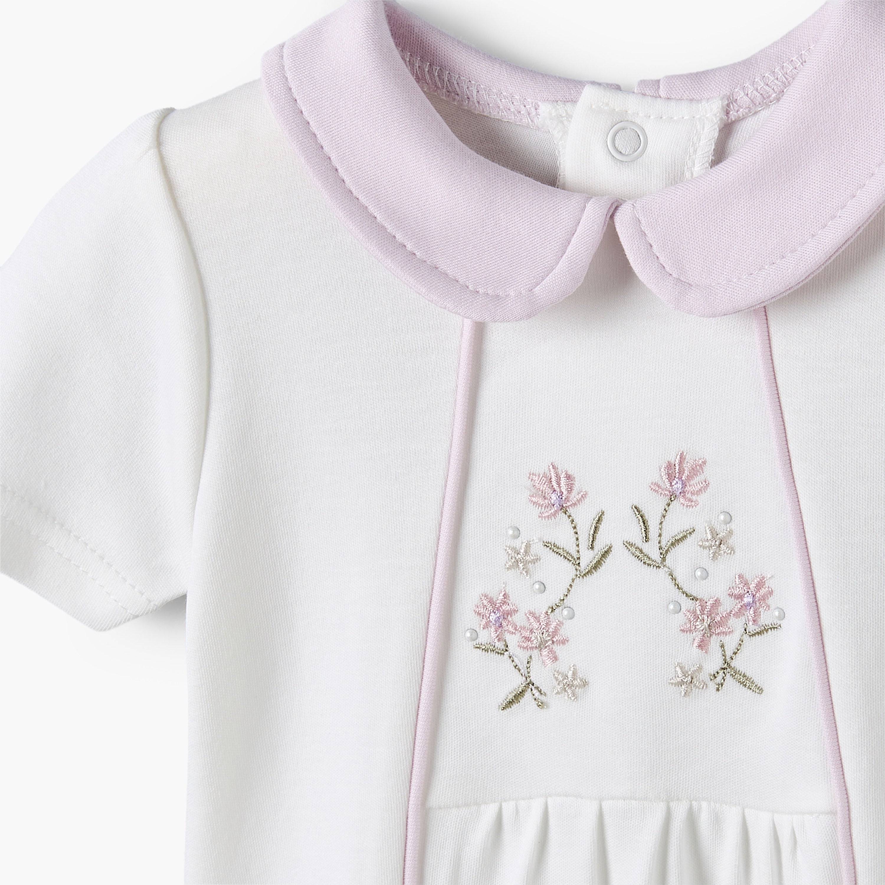 Giggles Peter Pan Collar Short Sleeves Romper with Floral Embroidery