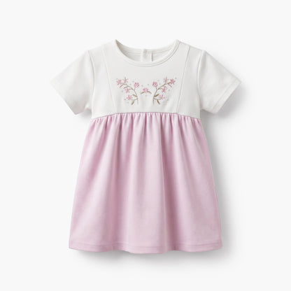 Giggles Round Neck Short Sleeves Knee Length A-line Dress with Floral Embroidery
