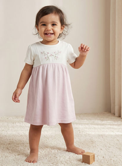 Giggles Round Neck Short Sleeves Knee Length A-line Dress with Floral Embroidery-baby-girls-clothing-dressesandjumpsuits-image-1