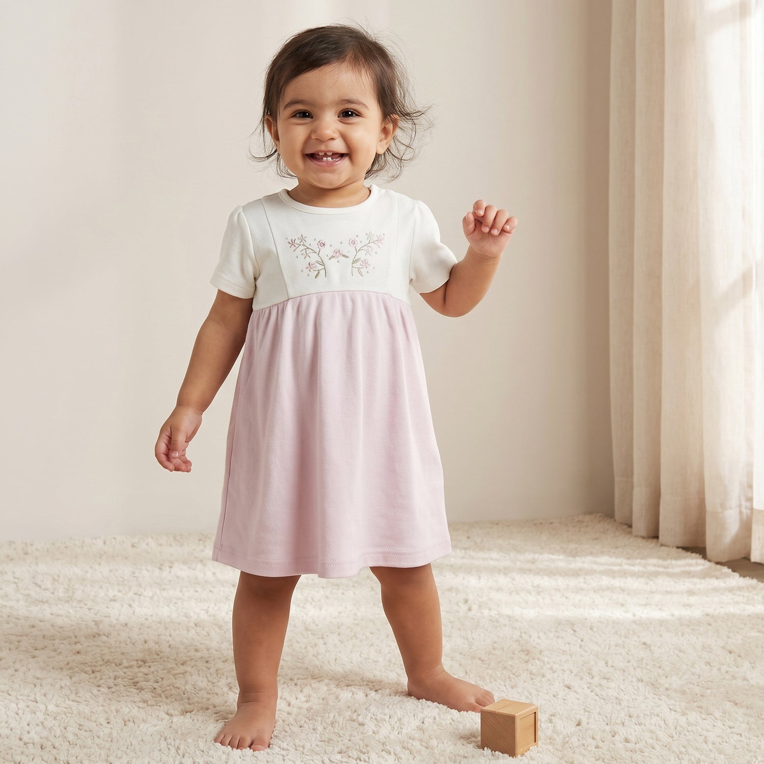 Giggles Round Neck Short Sleeves Knee Length A-line Dress with Floral Embroidery - Purple / 12-18 mths