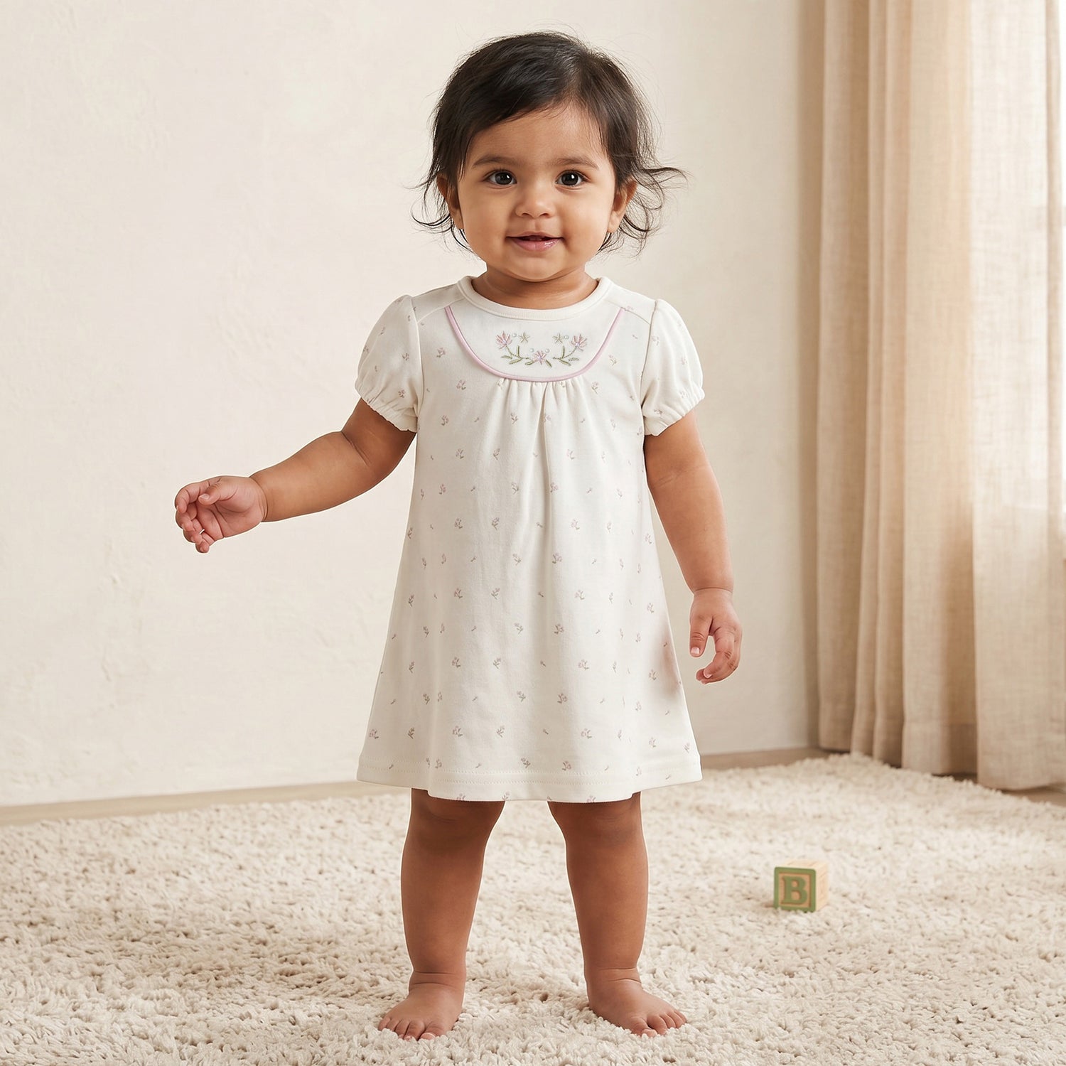 Giggles Round Neck Short Sleeves Knee Length A-line Dress with Floral Print - White / 12-18 mths