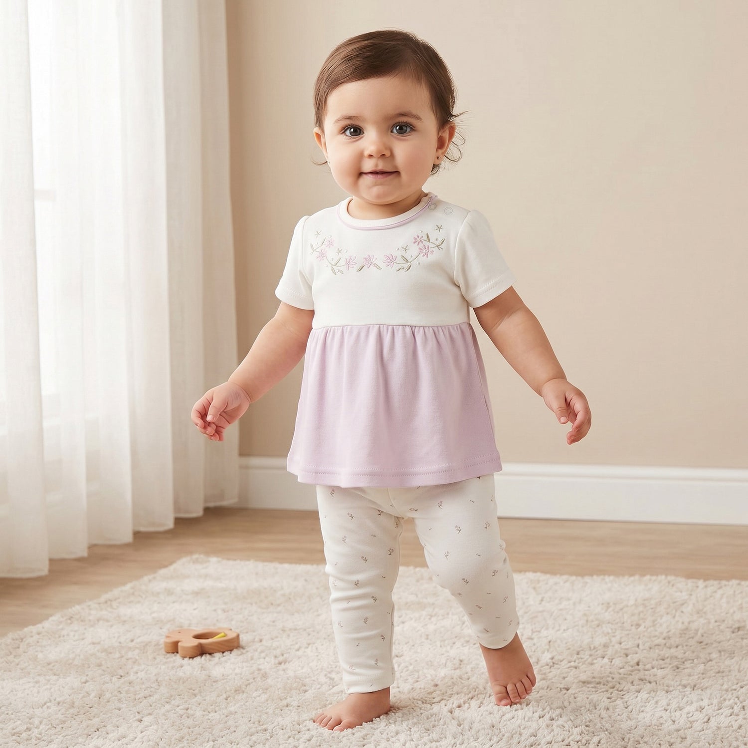 Giggles Round Neck Short Sleeves Pyjama Set with Floral Print - Purple / 12-18 mths