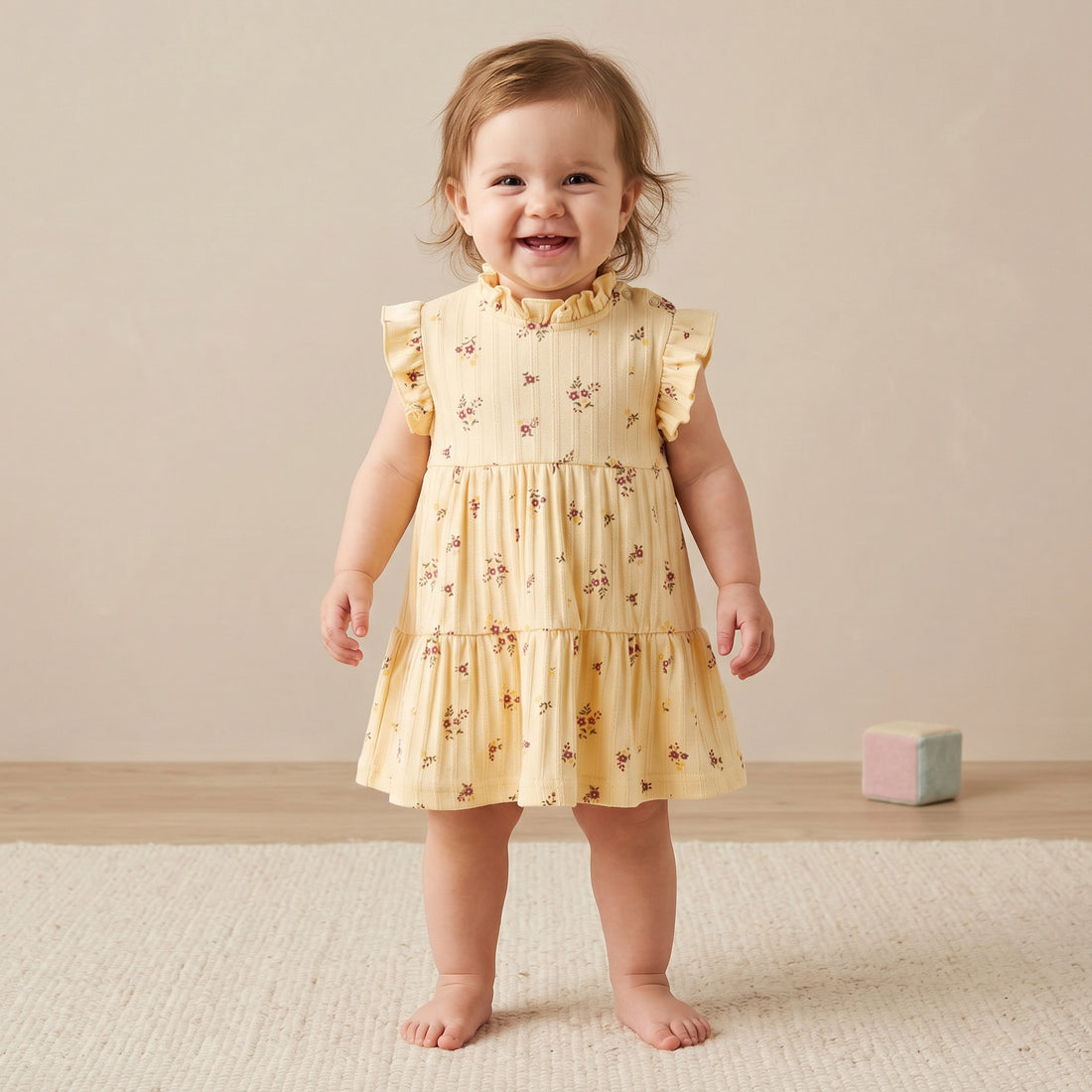 Juniors High Neck Sleeveless Knee Length A-Line Dress with Floral Print - Yellow / 12-18 mths