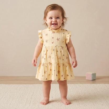 Juniors High Neck Sleeveless Knee Length A-Line Dress with Floral Print - Yellow / 12-18 mths