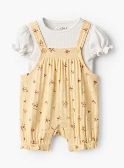 Juniors Crew Neck Short Sleeves T-shirt and Dungaree Set with Floral Print-baby-girls-clothing-setsandcoords-image-1