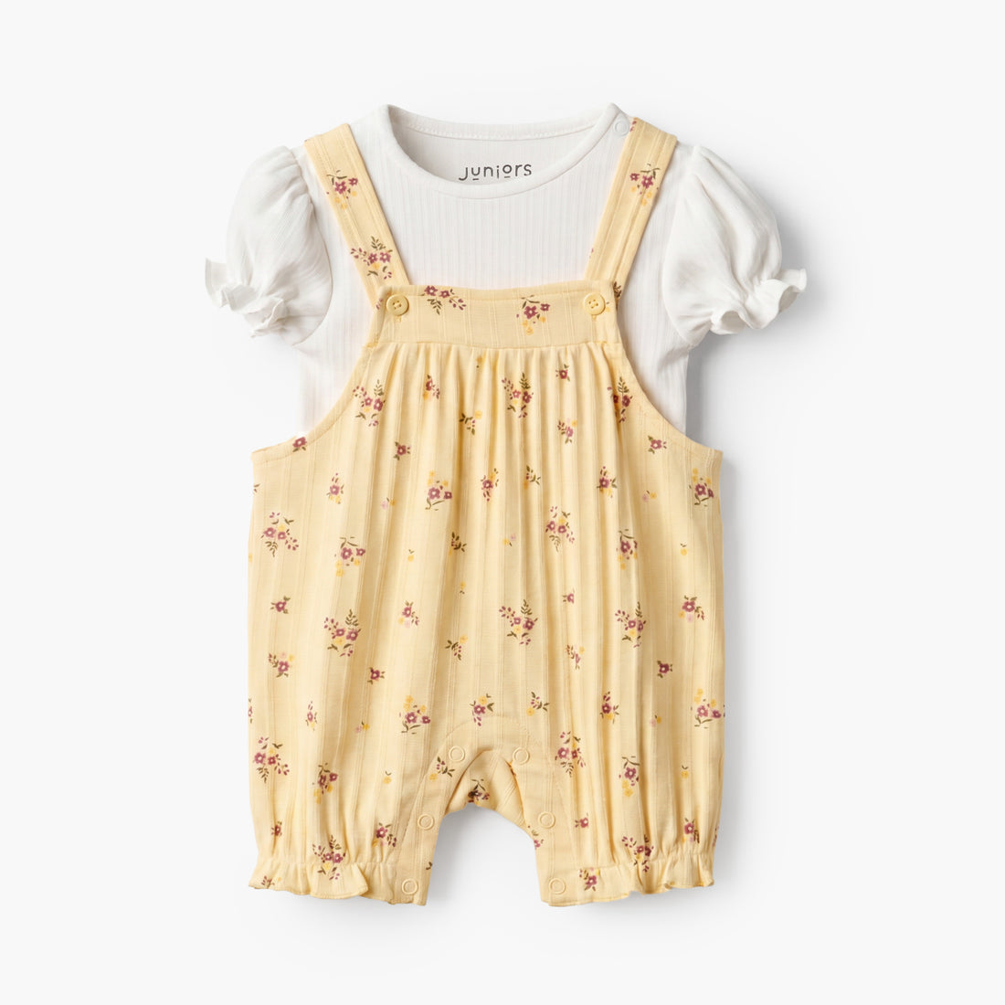 Juniors Crew Neck Short Sleeves T-shirt and Dungaree Set with Floral Print - Yellow / 12-18 mths
