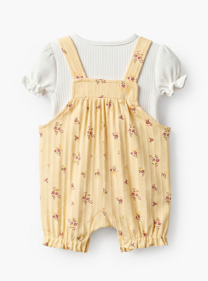 Juniors Crew Neck Short Sleeves T-shirt and Dungaree Set with Floral Print-baby-girls-clothing-setsandcoords-image-2