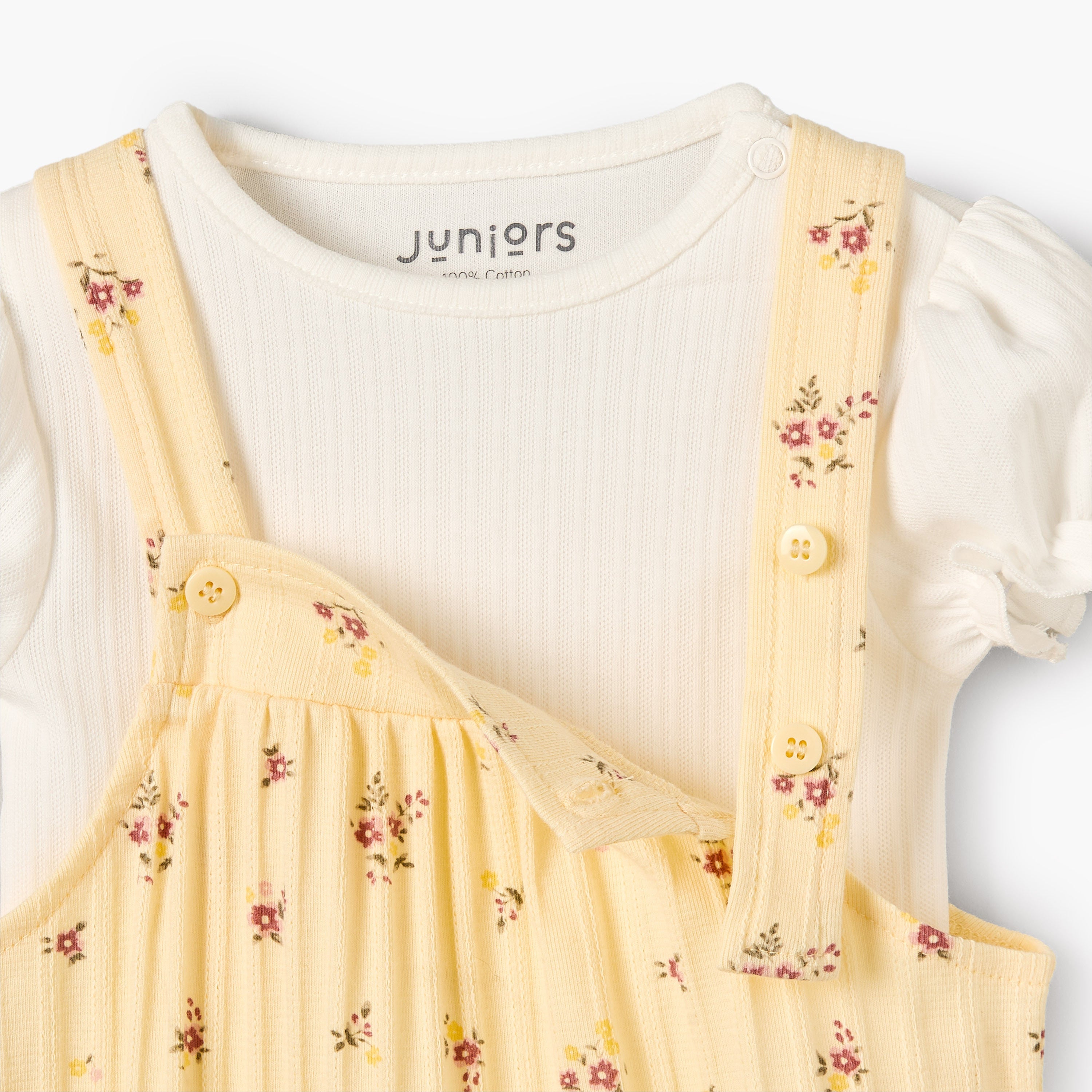 Juniors Crew Neck Short Sleeves T-shirt and Dungaree Set with Floral Print