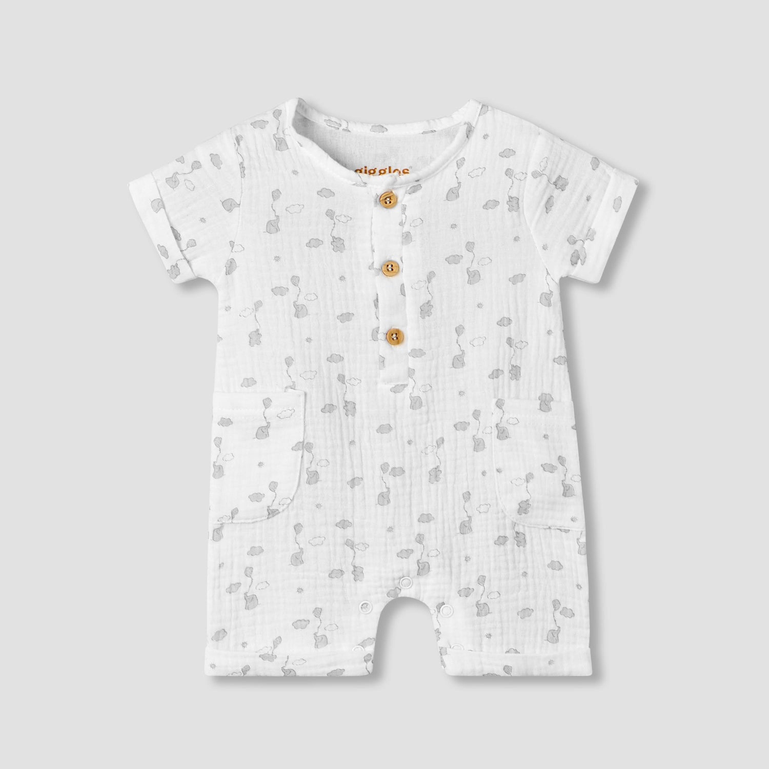 Giggles Crew Neck Short Sleeve Romper with Button Closure - White / 12-18 mths