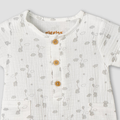 Giggles Crew Neck Short Sleeve Romper with Button Closure