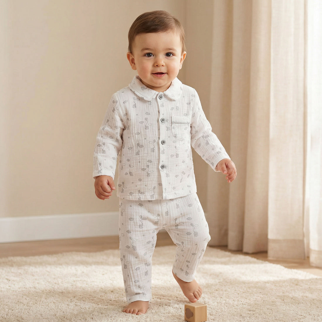 Giggles Cotton Collared Neck Long Sleeve Pyjama Set with Print - White / 12-18 mths