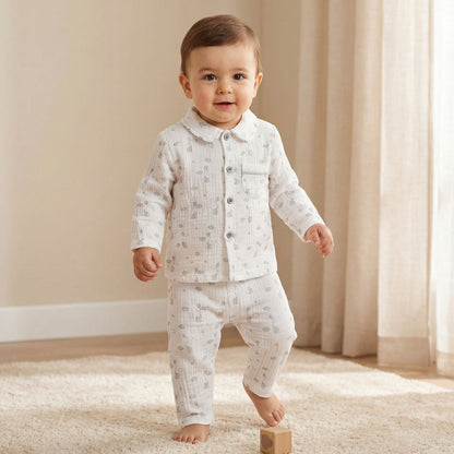 Giggles Cotton Collared Neck Long Sleeve Pyjama Set with Print - White / 12-18 mths