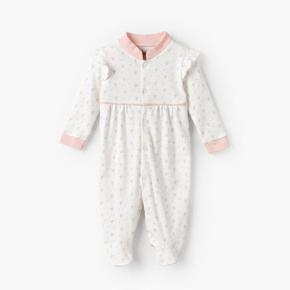 Giggles Supima Cotton Mandarin Collar Long Sleeves Sleepsuit with Floral Print - White / 9-12 mths