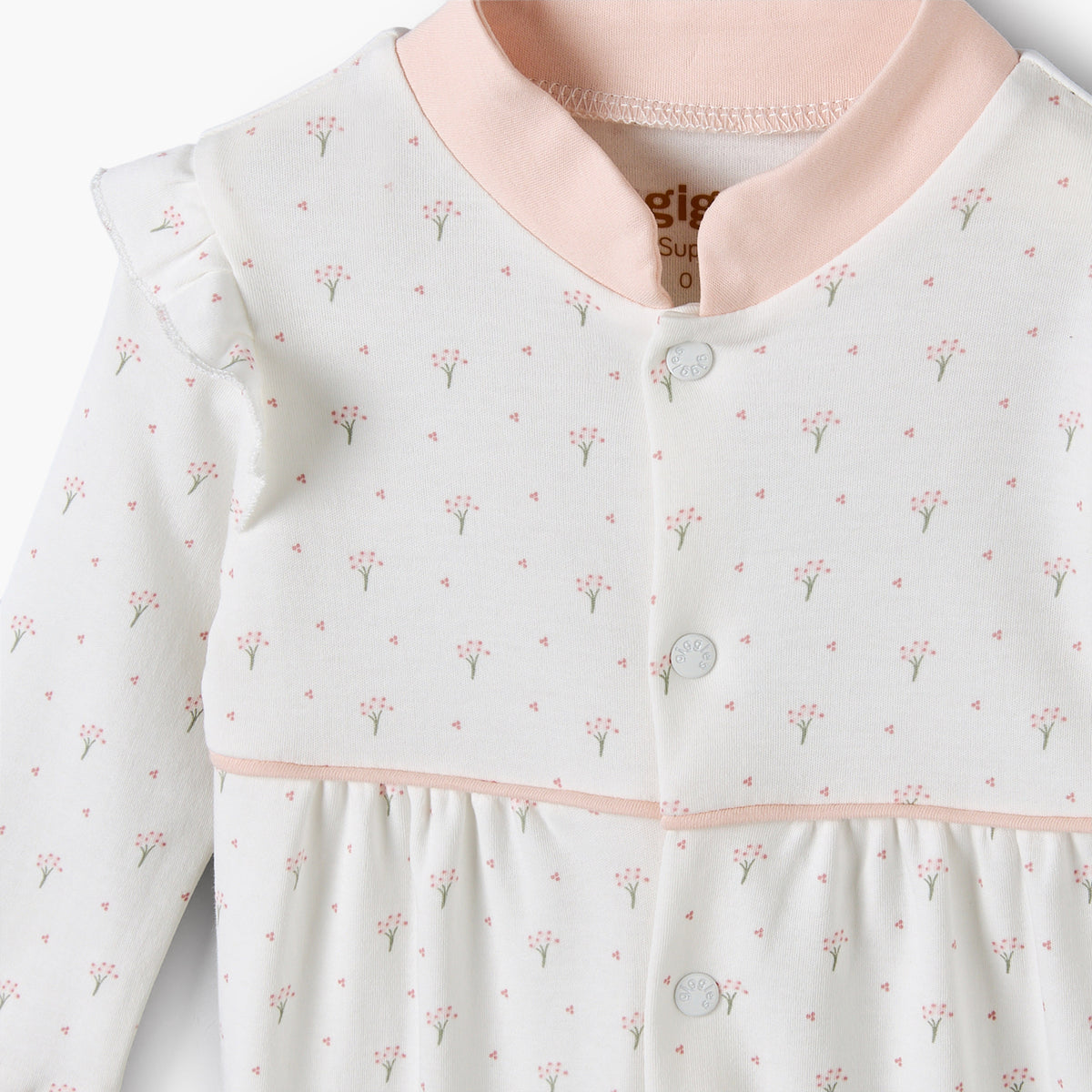 Giggles Supima Cotton Mandarin Collar Long Sleeves Sleepsuit with Floral Print