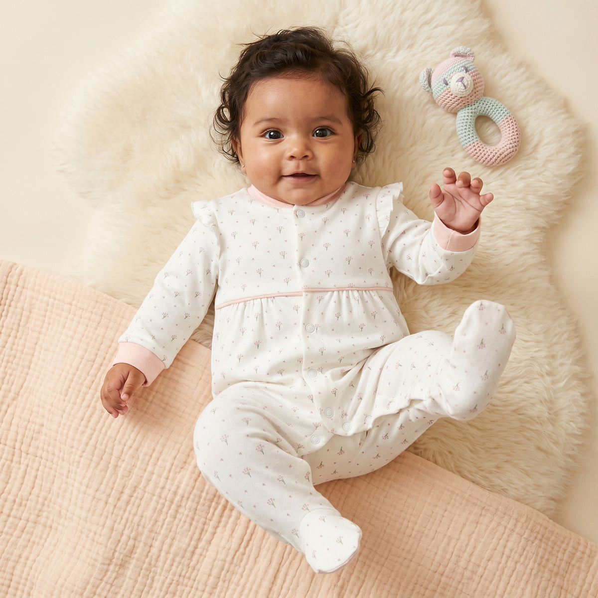 Giggles Supima Cotton Mandarin Collar Long Sleeves Sleepsuit with Floral Print