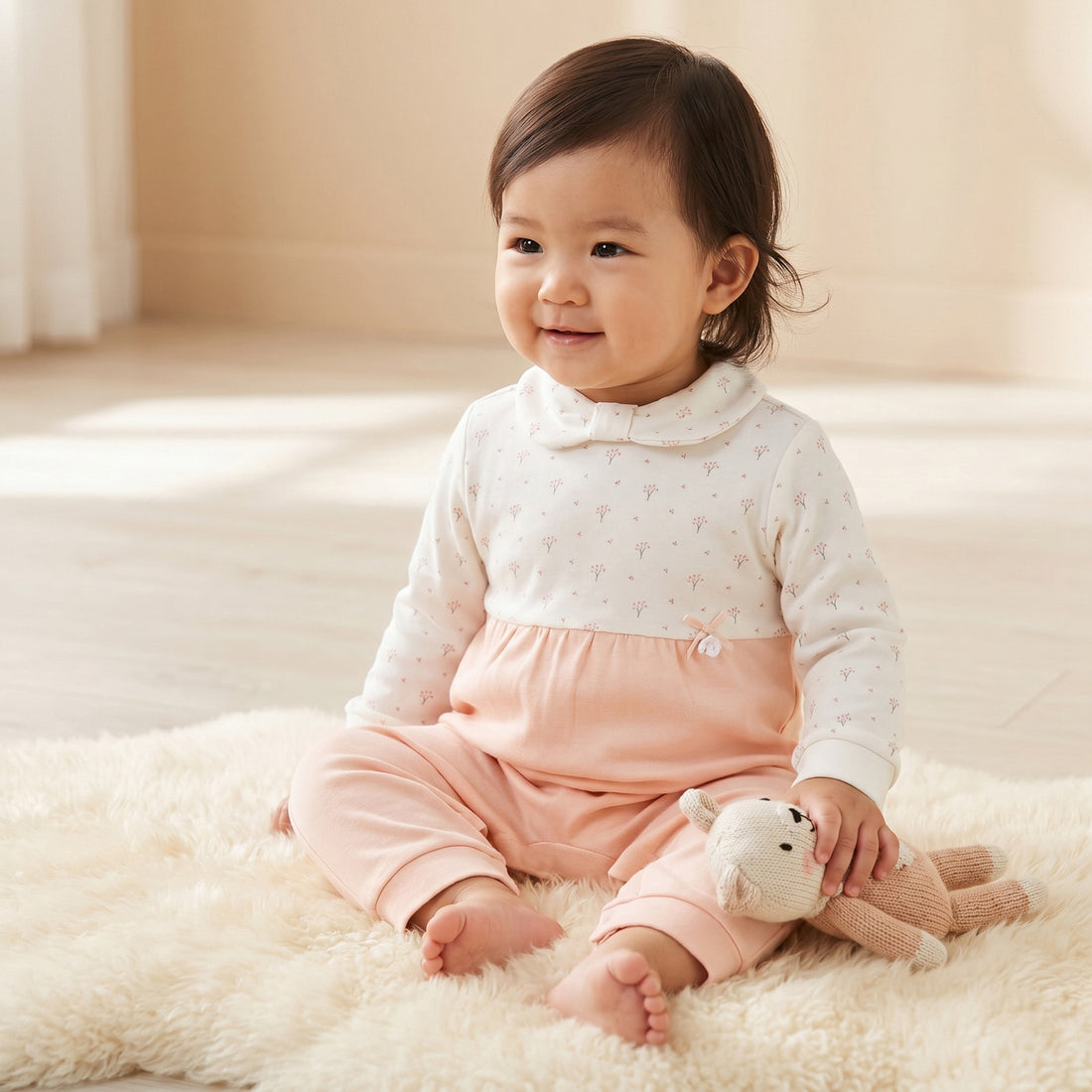 Giggles Supima Cotton Collared Long Sleeves Sleepsuit with Floral Print - Pink / 12-18 mths