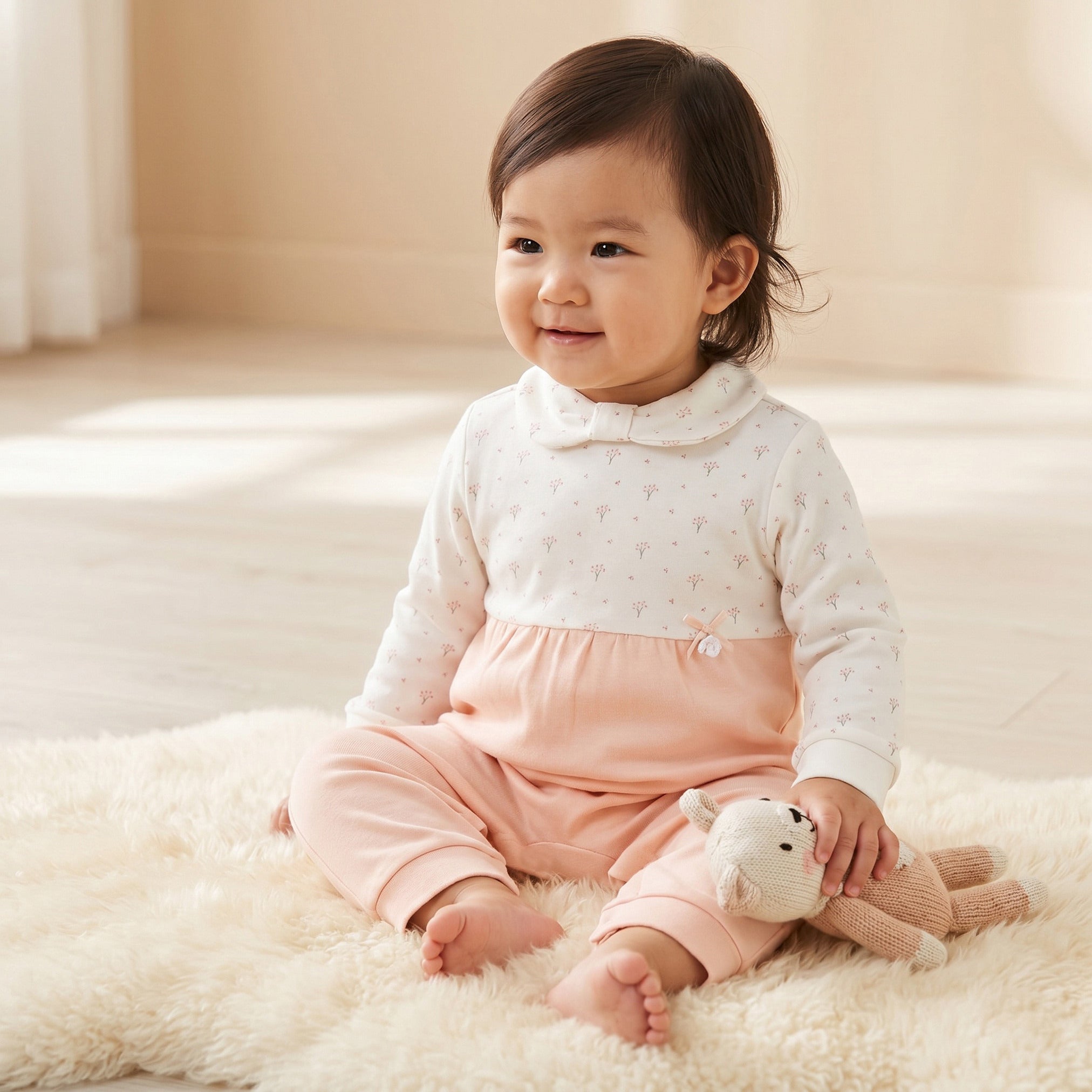 Giggles Supima Cotton Collared Long Sleeves Sleepsuit with Floral Print - Pink / 12-18 mths