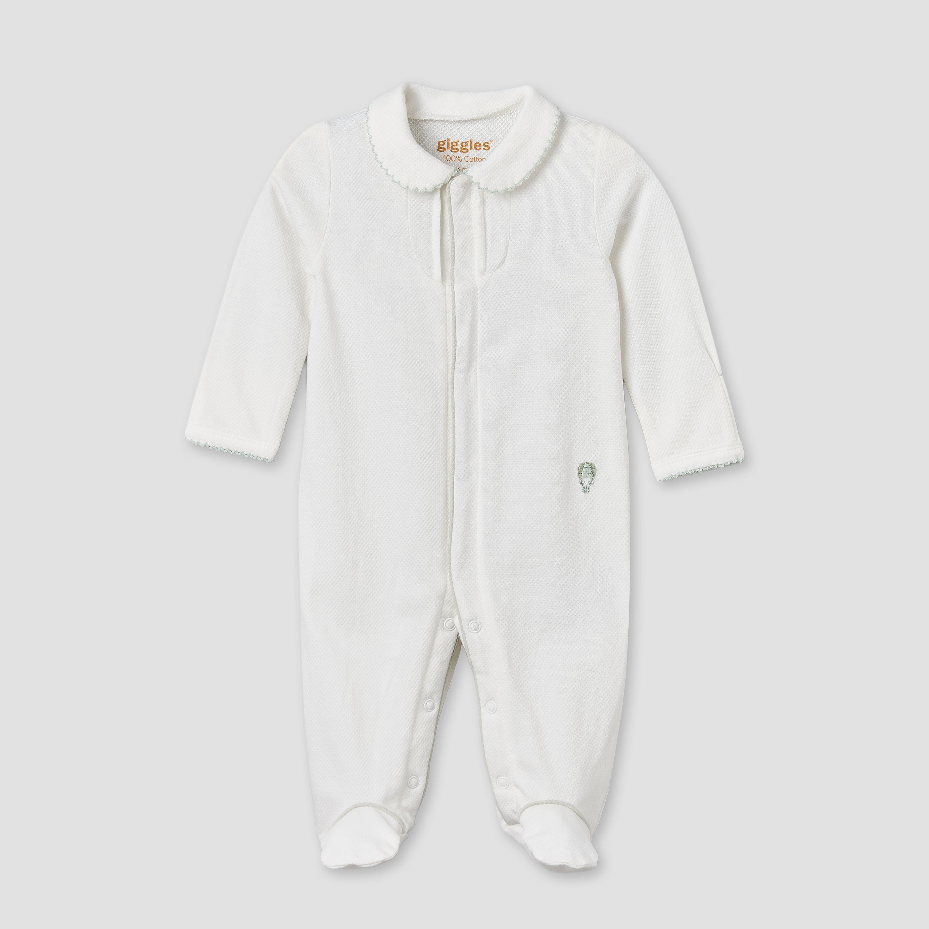 Giggles Cotton Collared Long Sleeves Sleepsuit with Textured Design - White / 9-12 mths