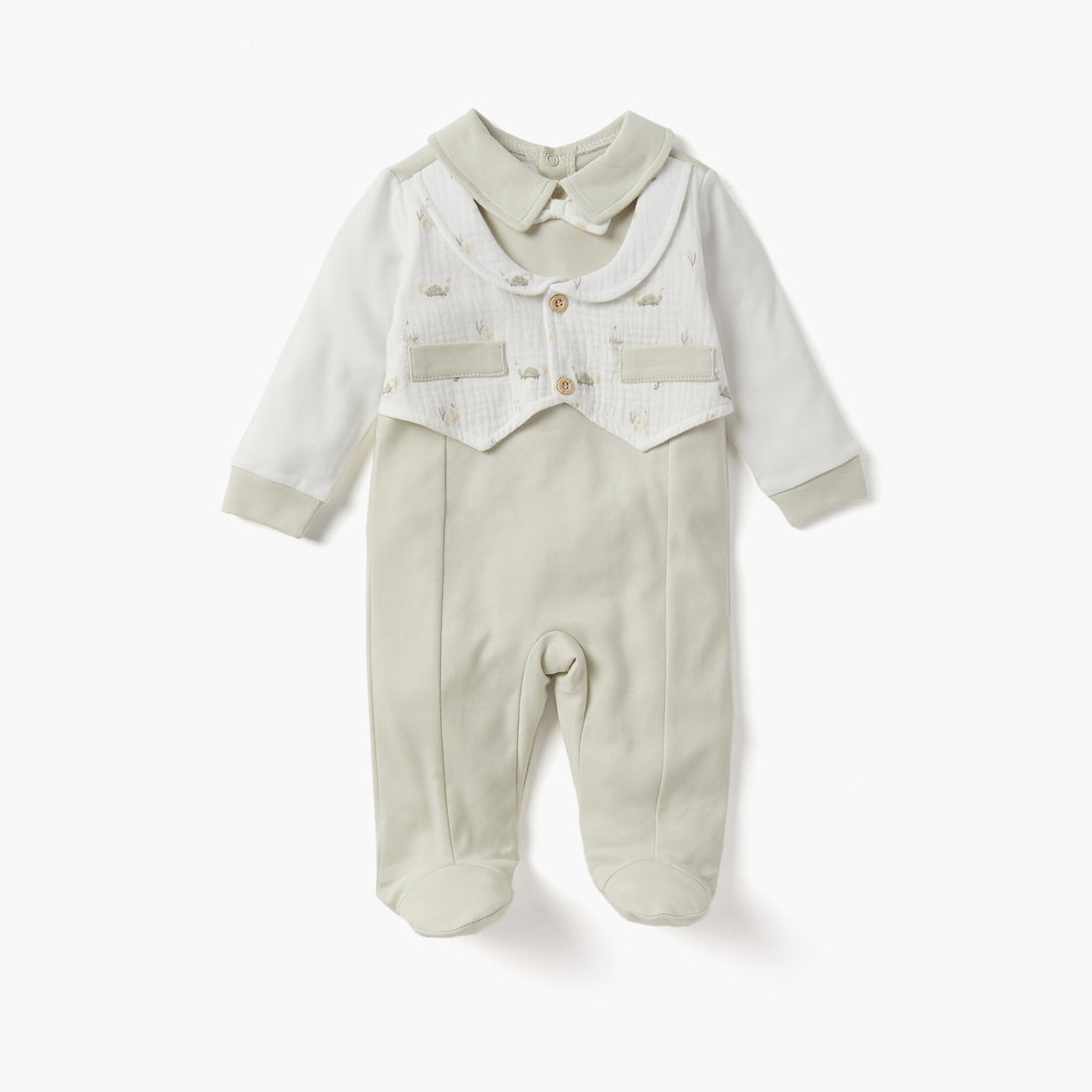Giggles Solid Closed Feet Sleepsuit with Collar and Waistcoat - Green / 9-12 mths